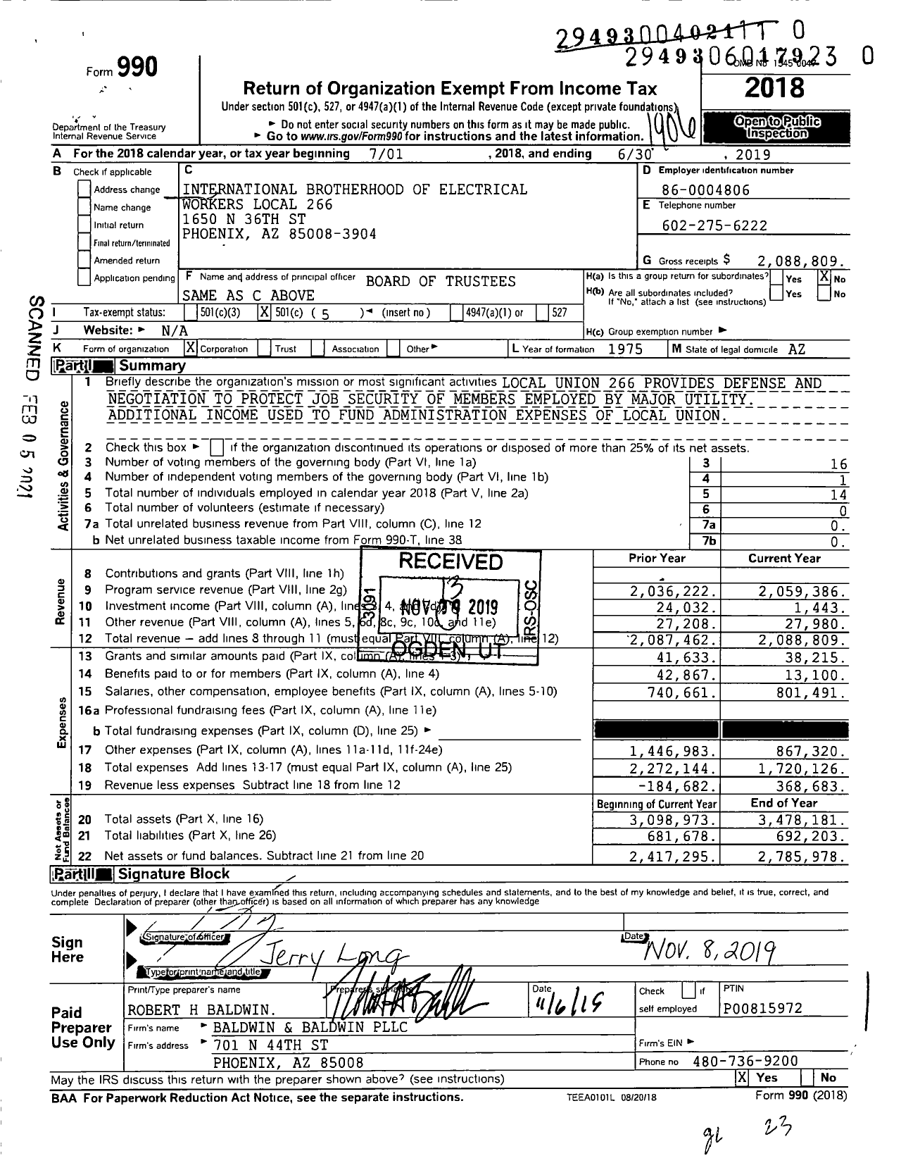 Image of first page of 2018 Form 990O for International Brotherhood of Electrical Workers - 0266 Local Union