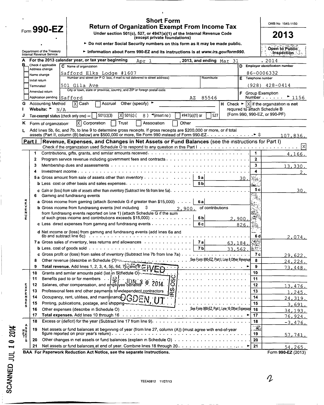 Image of first page of 2013 Form 990EO for Benevolent and Protective Order of Elks - 1607 Safford Clifton