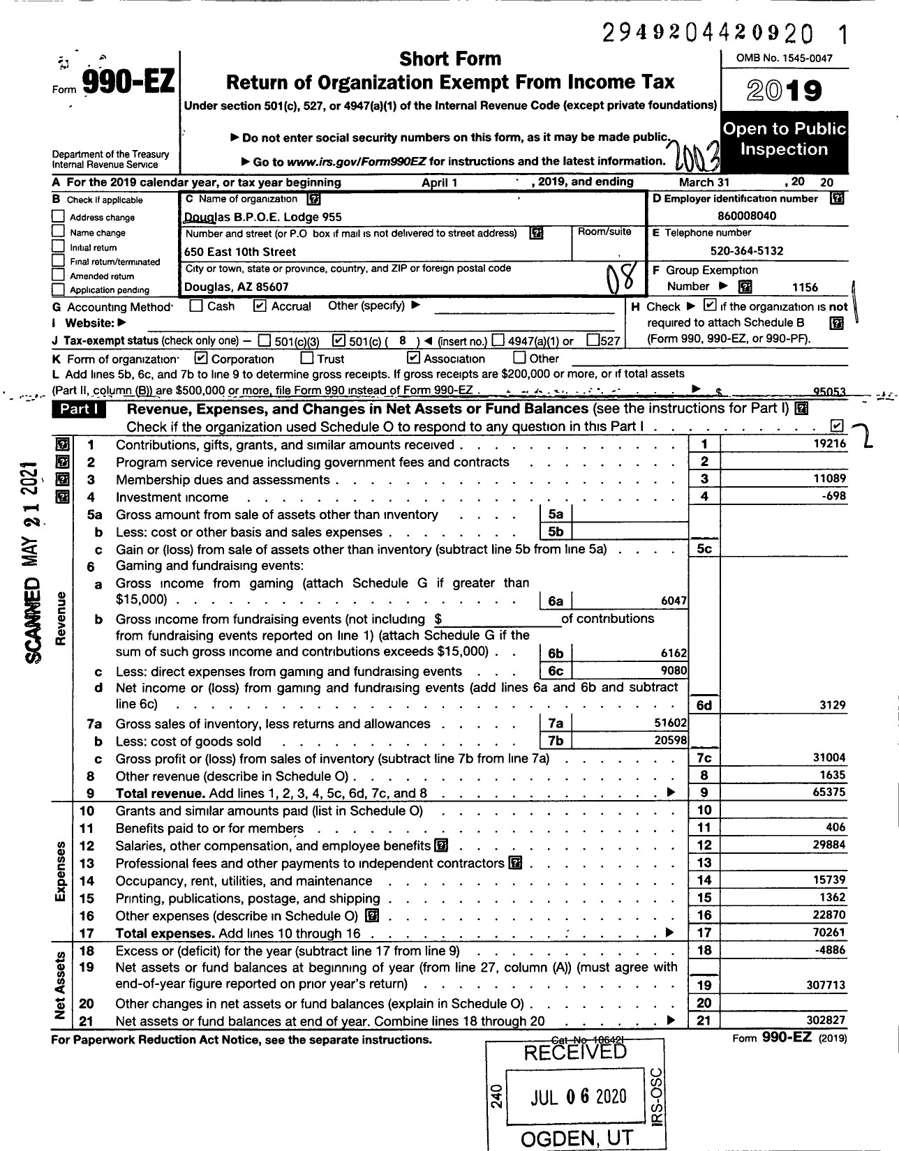 Image of first page of 2019 Form 990EO for Benevolent and Protective Order of Elks - 955 Douglas