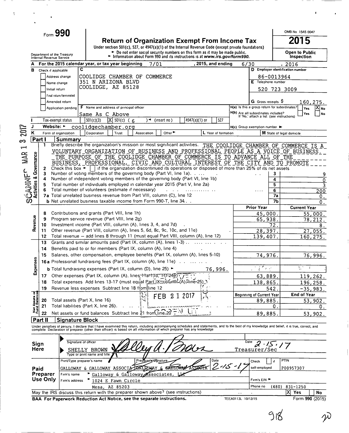 Image of first page of 2015 Form 990O for Coolidge Chamber of Commerce