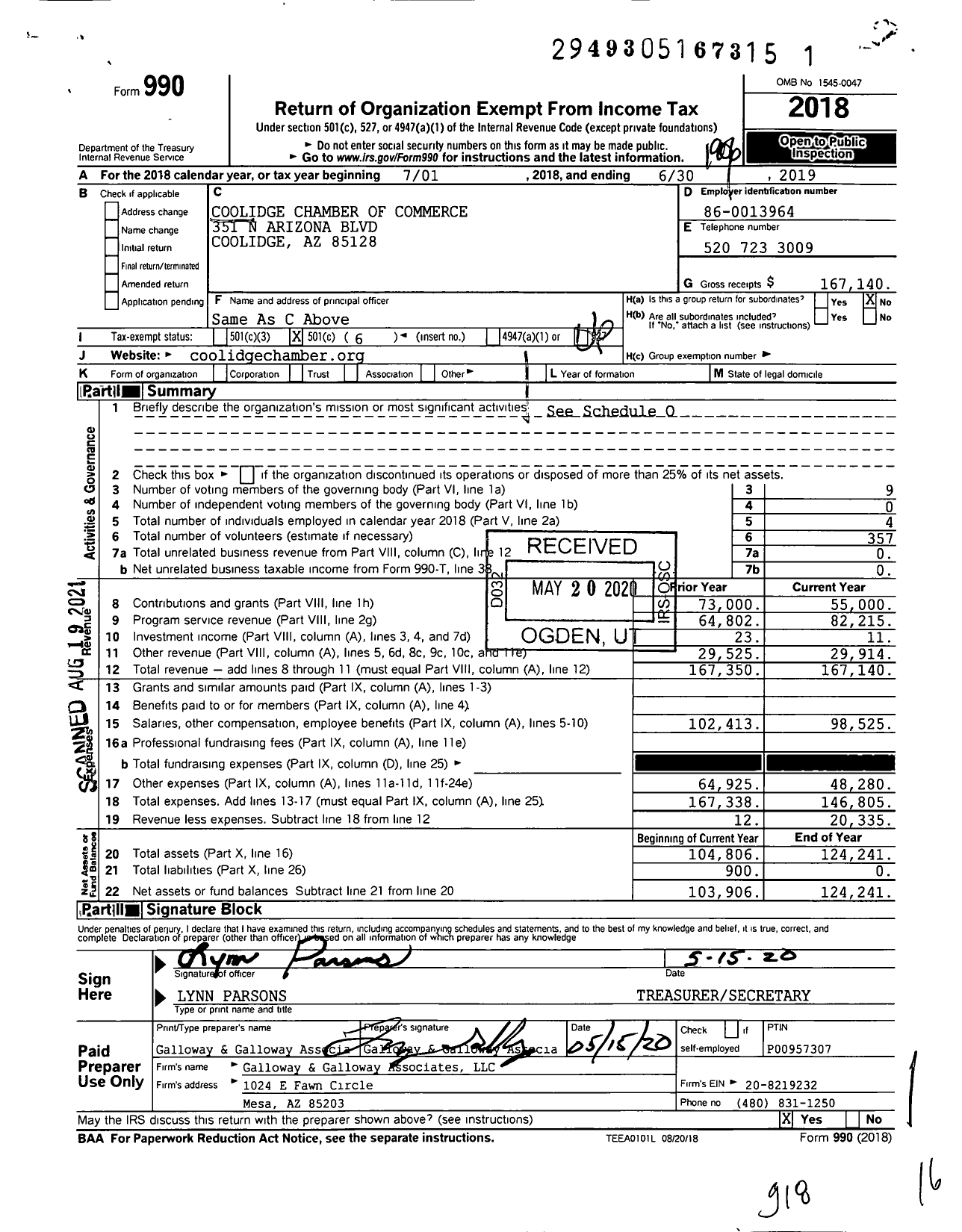 Image of first page of 2018 Form 990O for Coolidge Chamber of Commerce