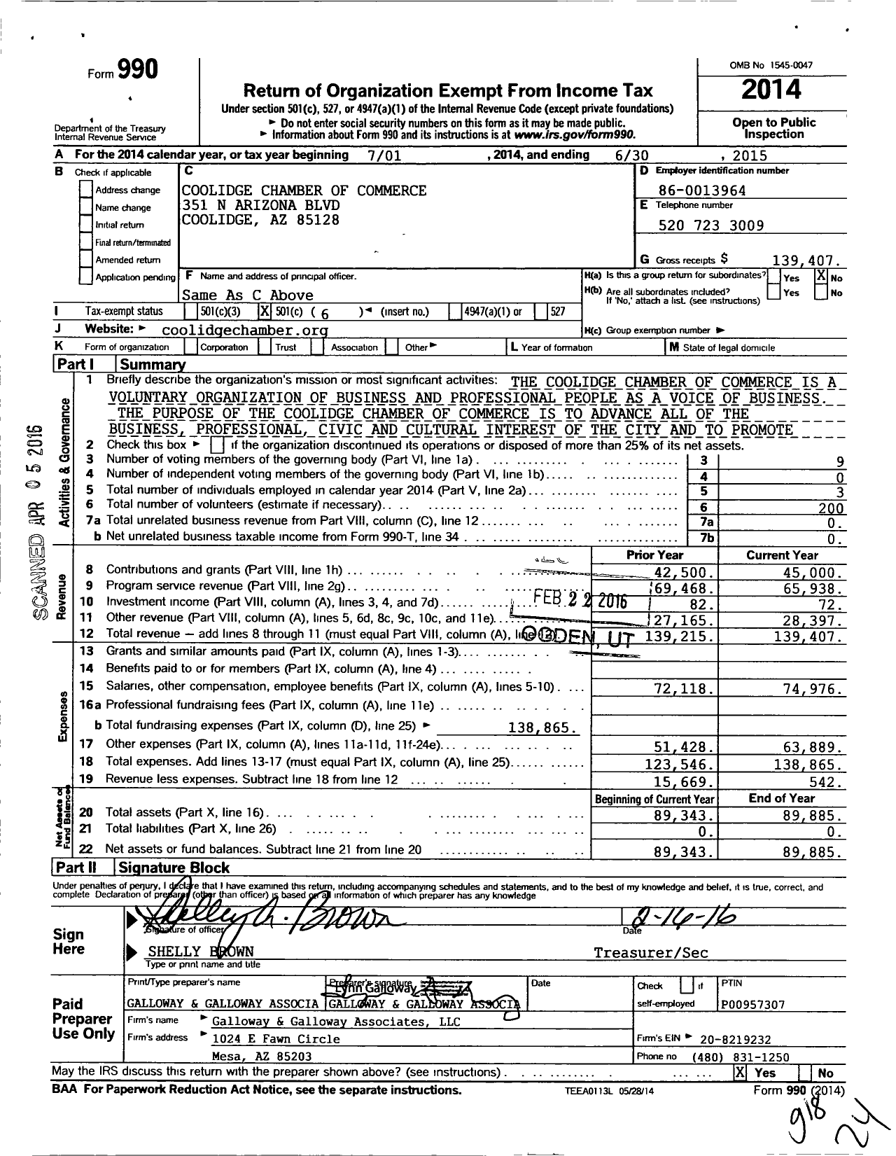 Image of first page of 2014 Form 990O for Coolidge Chamber of Commerce