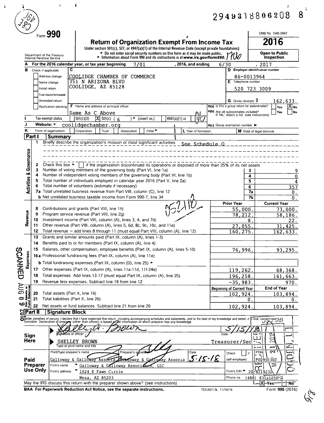 Image of first page of 2016 Form 990O for Coolidge Chamber of Commerce