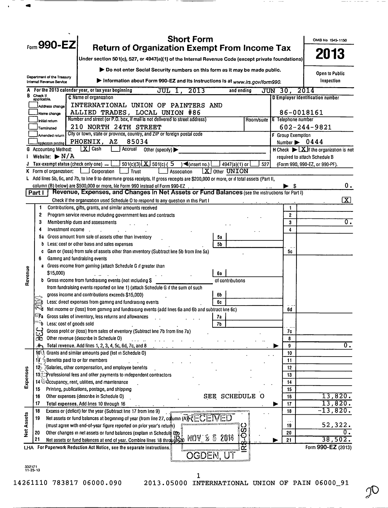 Image of first page of 2013 Form 990EO for International Union of Painters and Allied Trades - 86 Painters Local Union