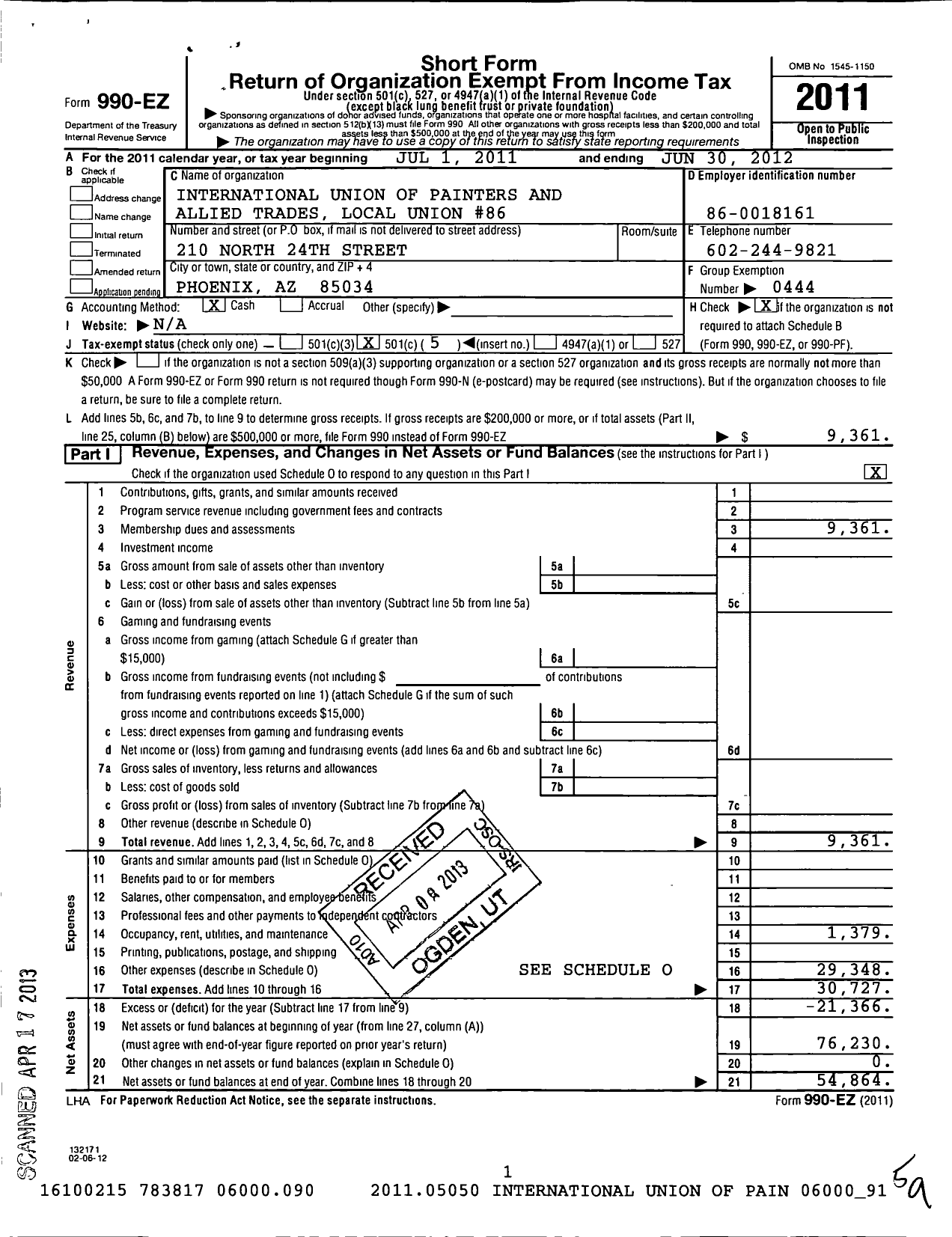 Image of first page of 2011 Form 990EO for International Union of Painters and Allied Trades - 86 Painters Local Union