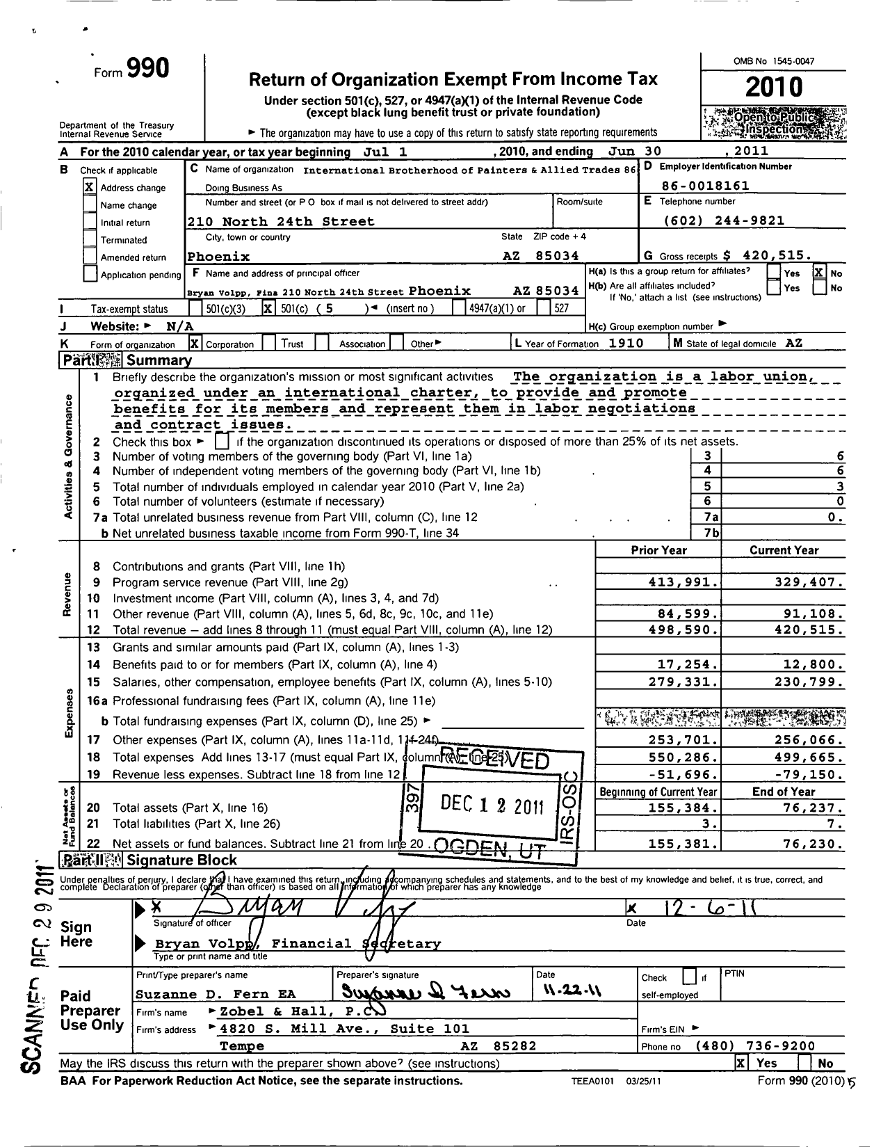 Image of first page of 2010 Form 990O for International Union of Painters and Allied Trades - 86 Painters Local Union