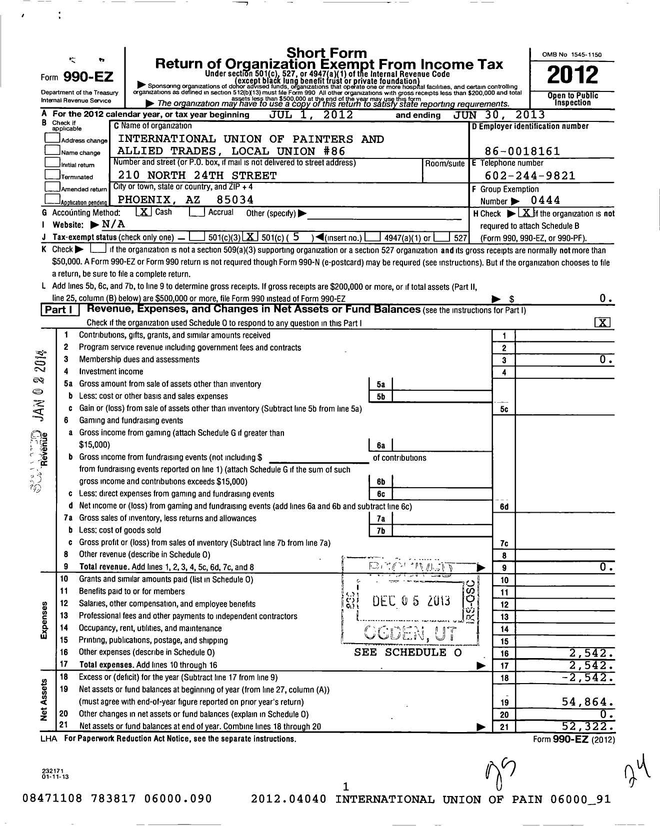 Image of first page of 2012 Form 990EO for International Union of Painters and Allied Trades - 86 Painters Local Union