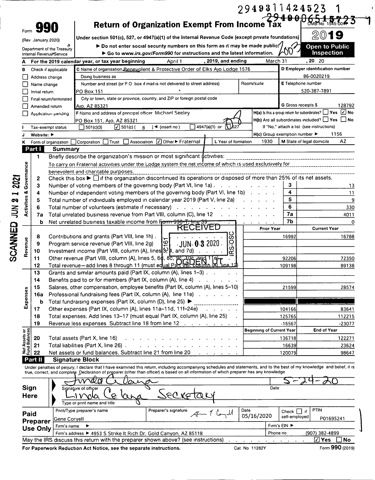 Image of first page of 2019 Form 990O for Benevolent and Protective Order of Elks - 1576 Ajo