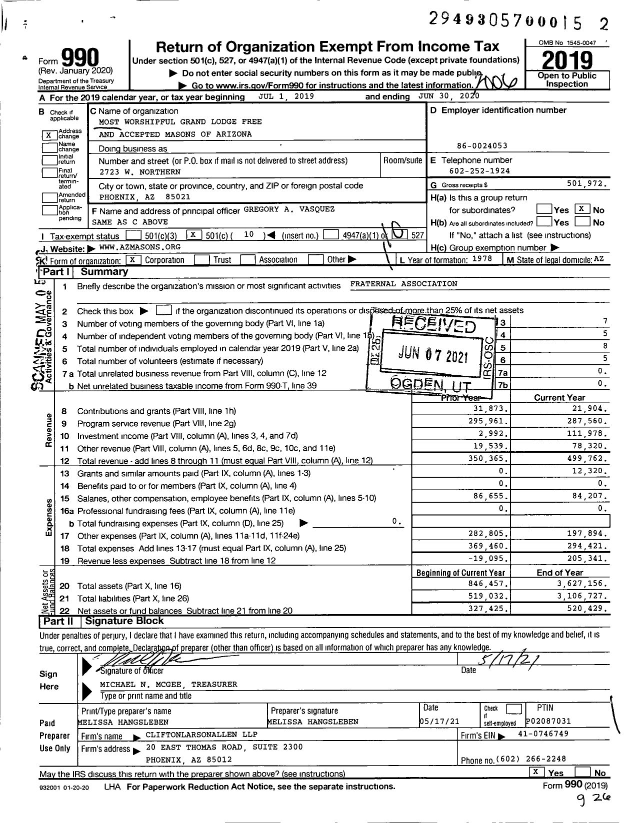 Image of first page of 2019 Form 990O for Most Worshipful Grand Lodge Free and Accepted Masons of Arizona