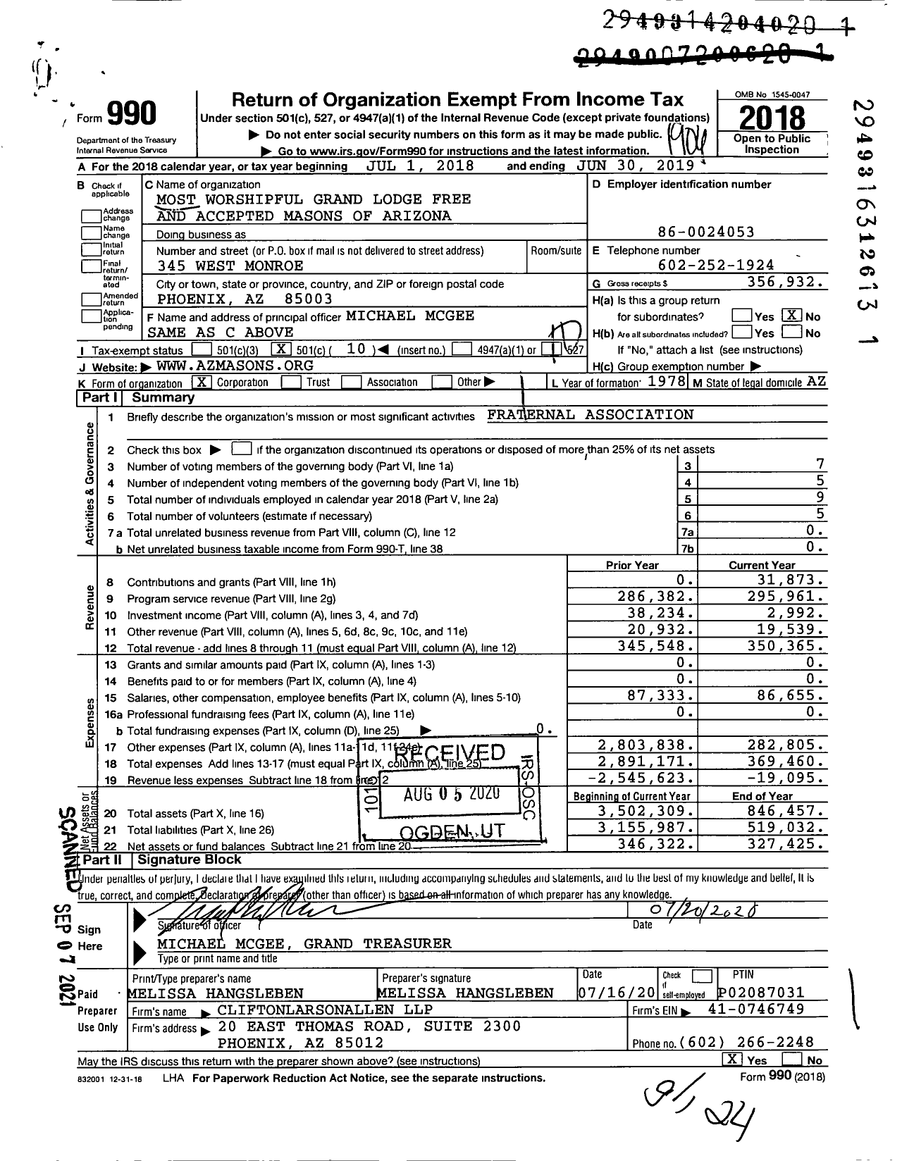 Image of first page of 2018 Form 990O for Most Worshipful Grand Lodge Free and Accepted Masons of Arizona