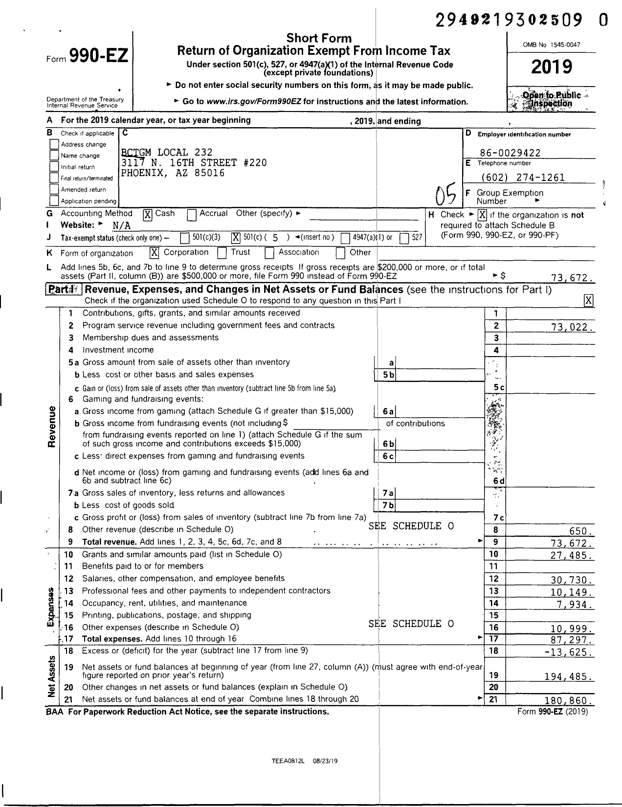 Image of first page of 2019 Form 990EO for BCTGM International Union - 232 BCTGM Local