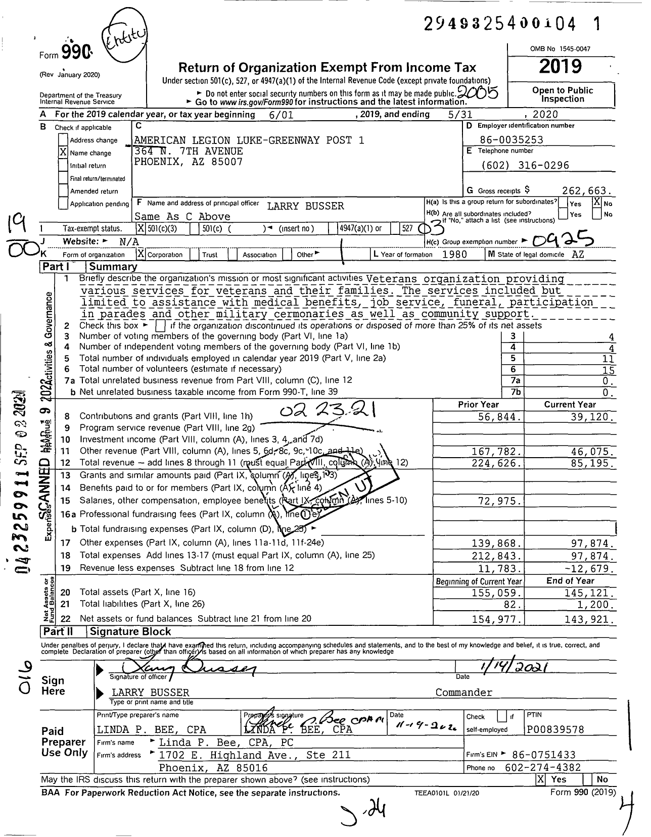 Image of first page of 2019 Form 990O for American Legion - 0001 Luke Greenway Post