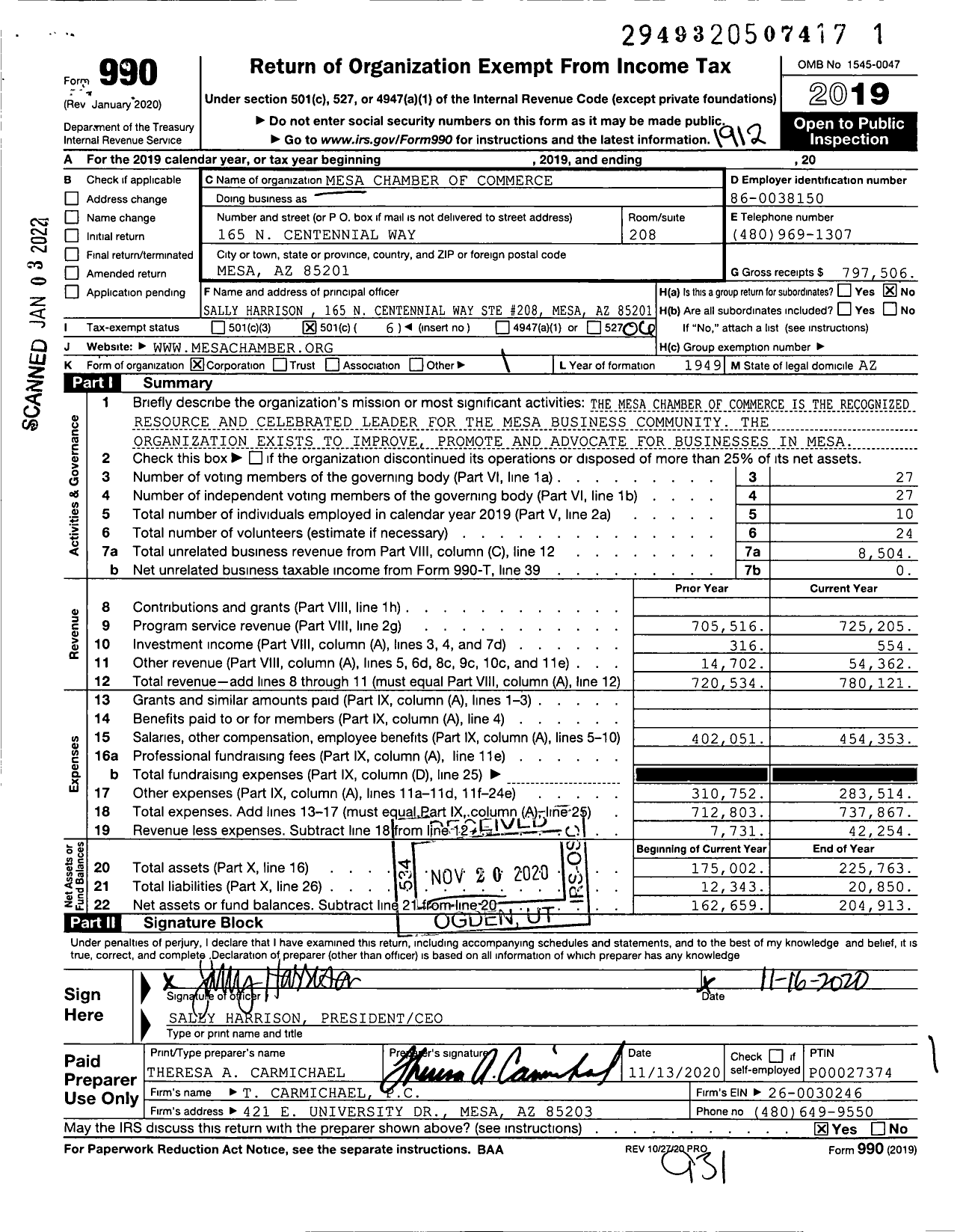 Image of first page of 2019 Form 990O for Mesa Chamber of Commerce