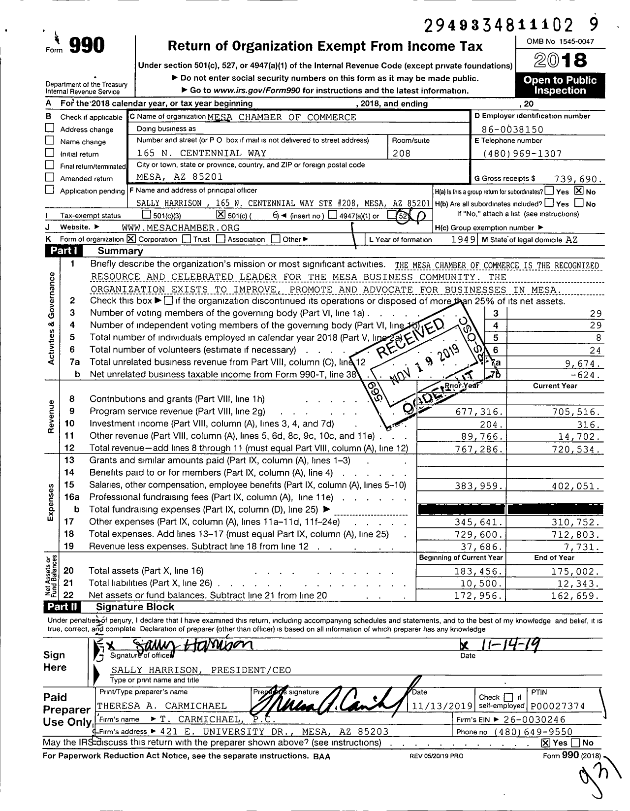 Image of first page of 2018 Form 990O for Mesa Chamber of Commerce