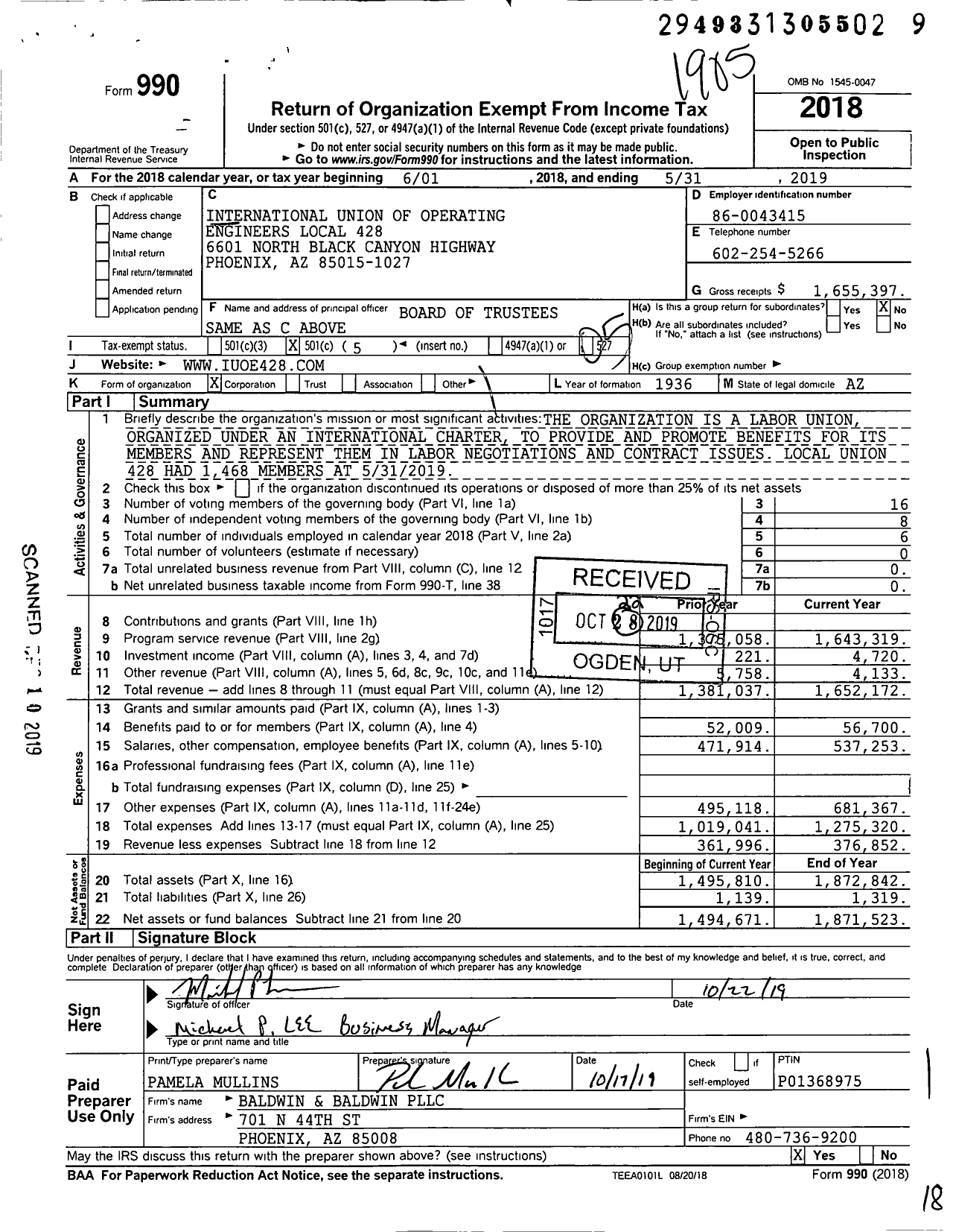Image of first page of 2018 Form 990O for International Union of Operating Engineers Local 428