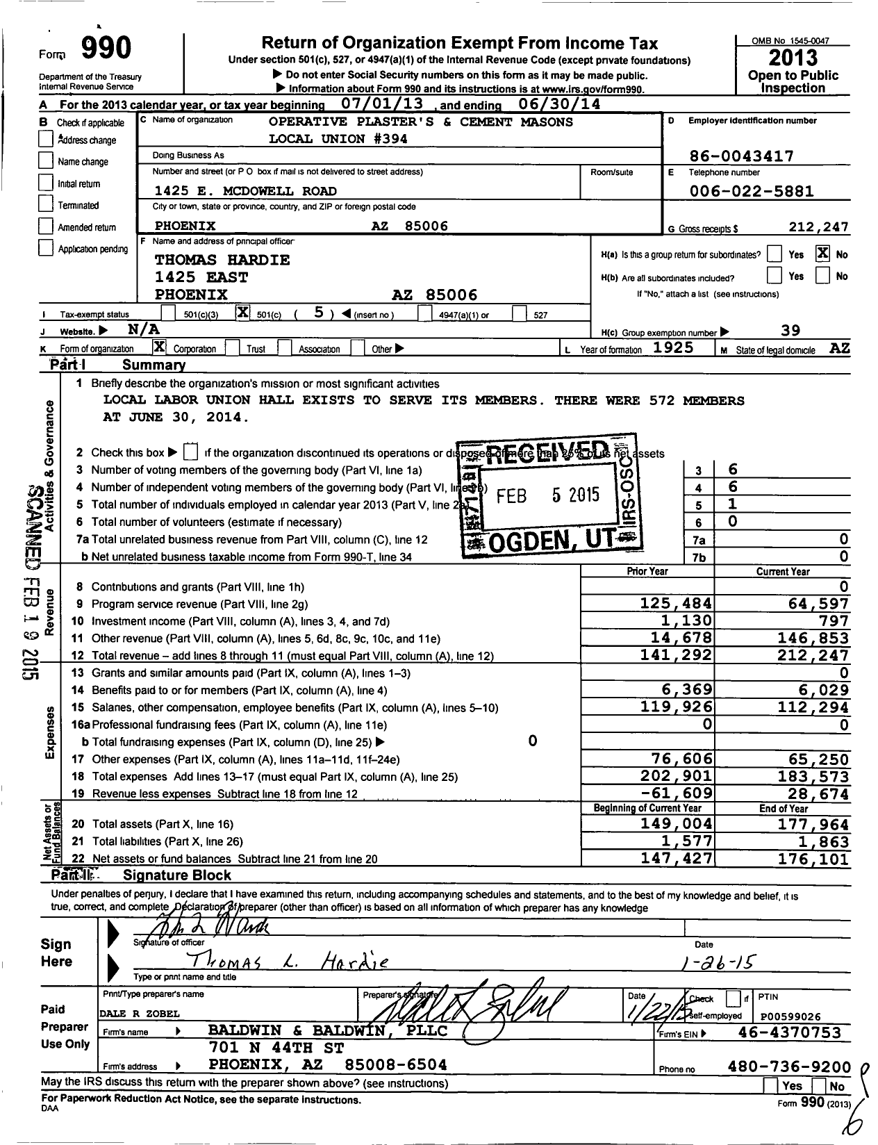 Image of first page of 2013 Form 990O for Operative Plasterers' and Cement Masons' International Association - 394 PCM