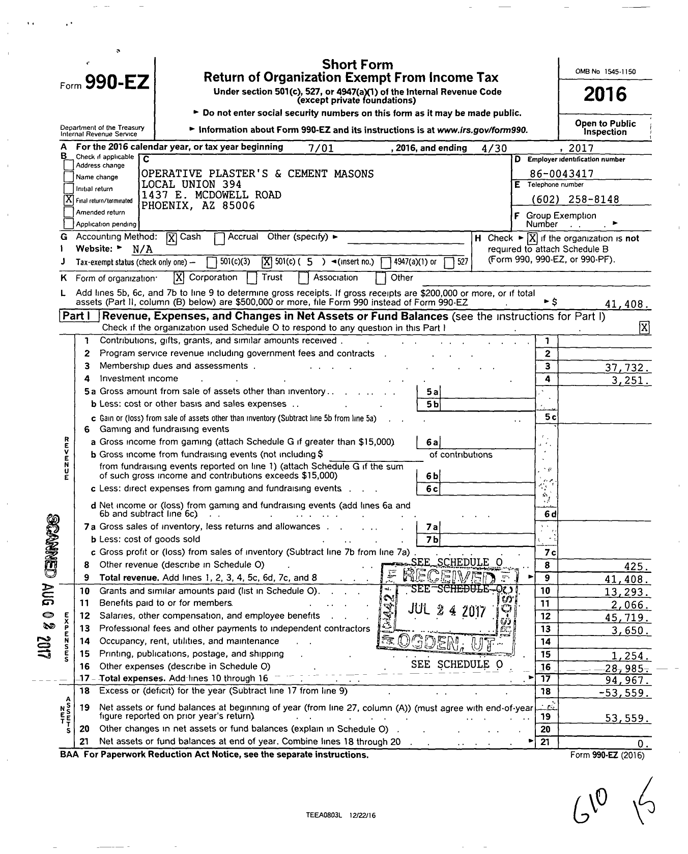 Image of first page of 2016 Form 990EO for Operative Plasterers' and Cement Masons' International Association - 394 PCM