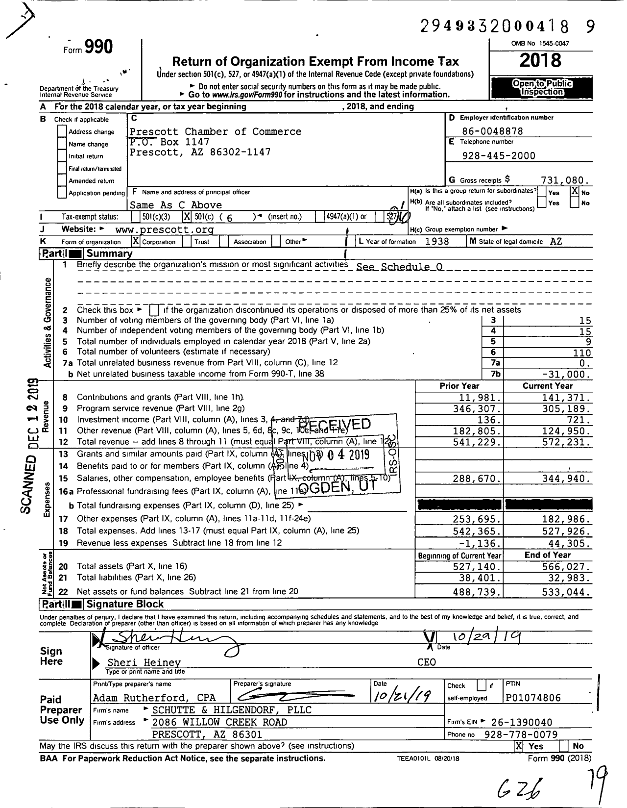 Image of first page of 2018 Form 990O for Prescott Chamber of Commerce