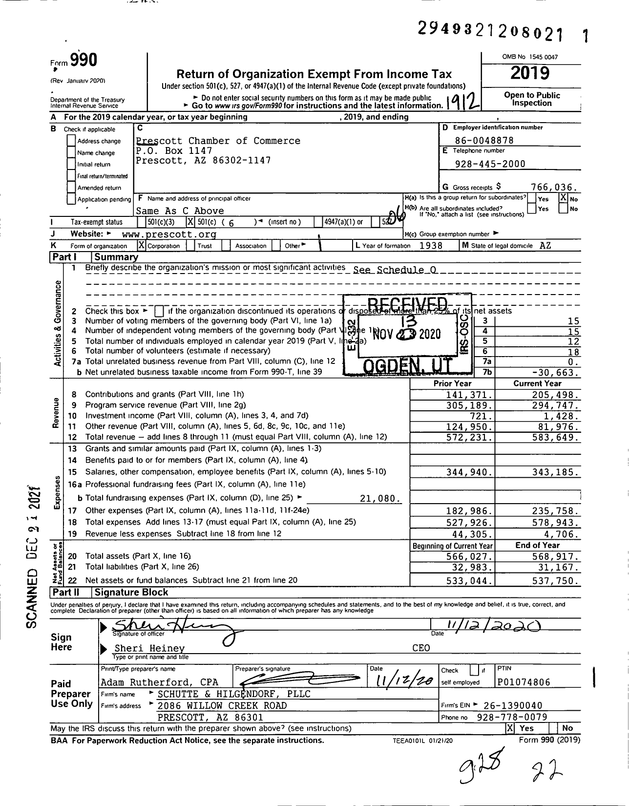 Image of first page of 2019 Form 990O for Prescott Chamber of Commerce