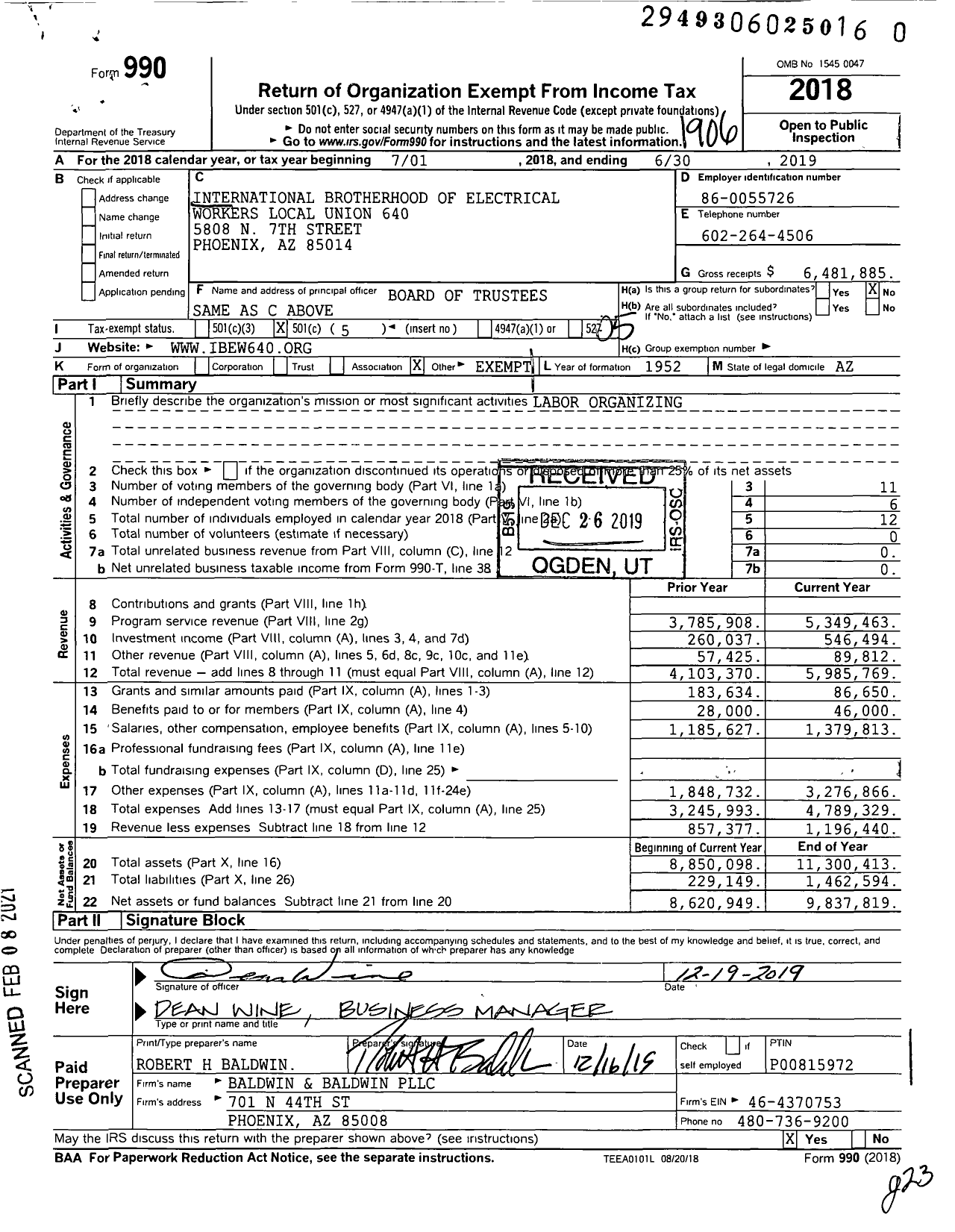 Image of first page of 2018 Form 990O for International Brotherhood of Electrical Workers - 0640 Local Union