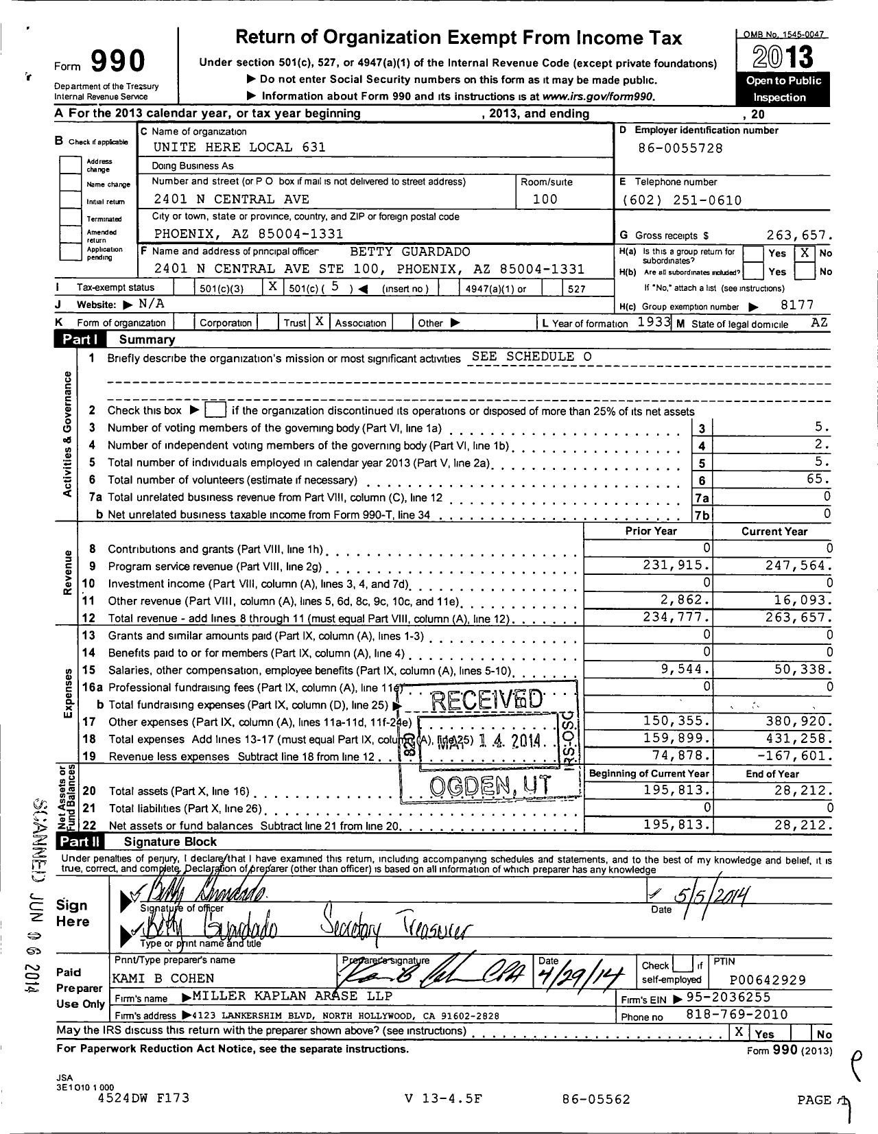 Image of first page of 2013 Form 990O for Unite Here - Local Union 631