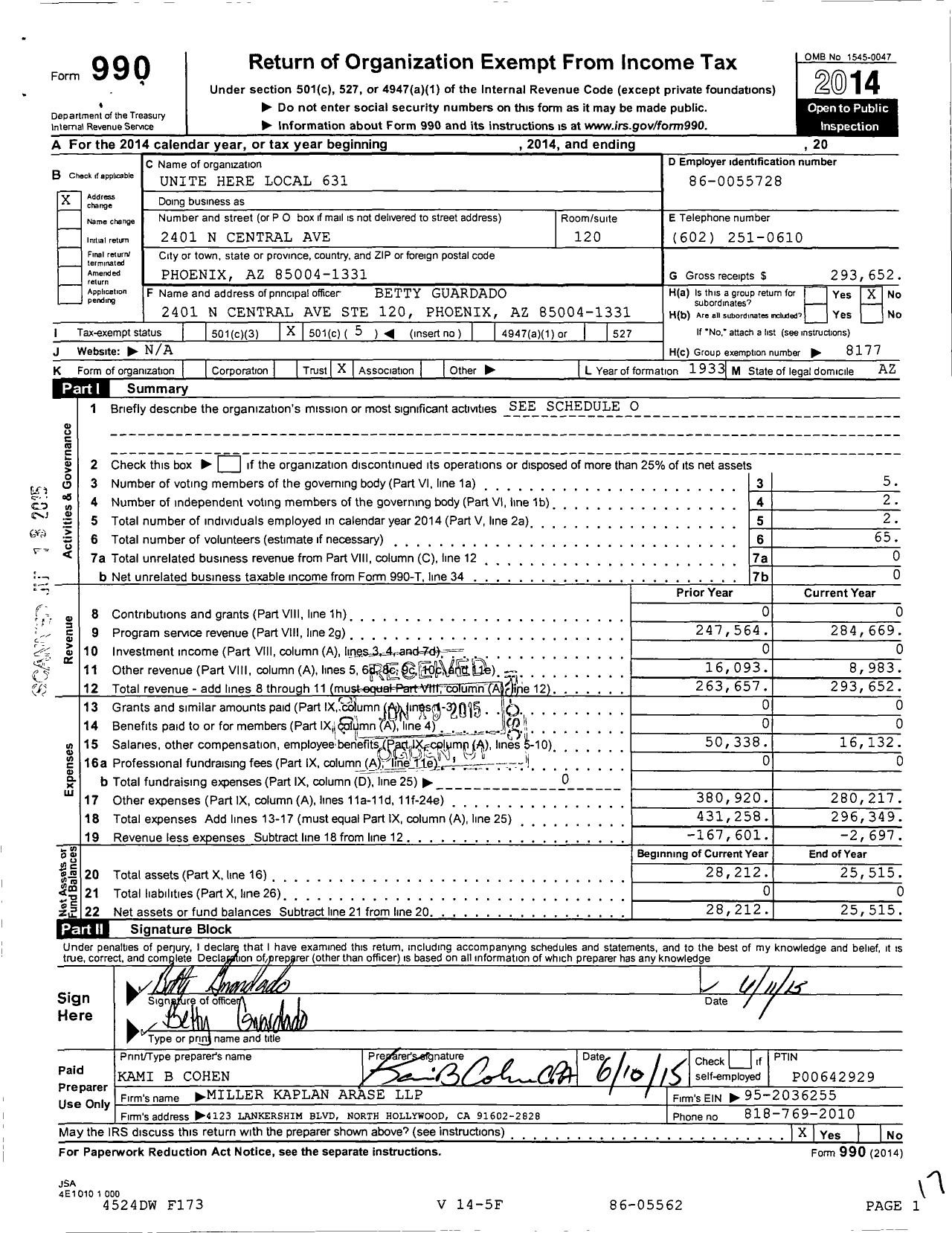 Image of first page of 2014 Form 990O for Unite Here - Local Union 631