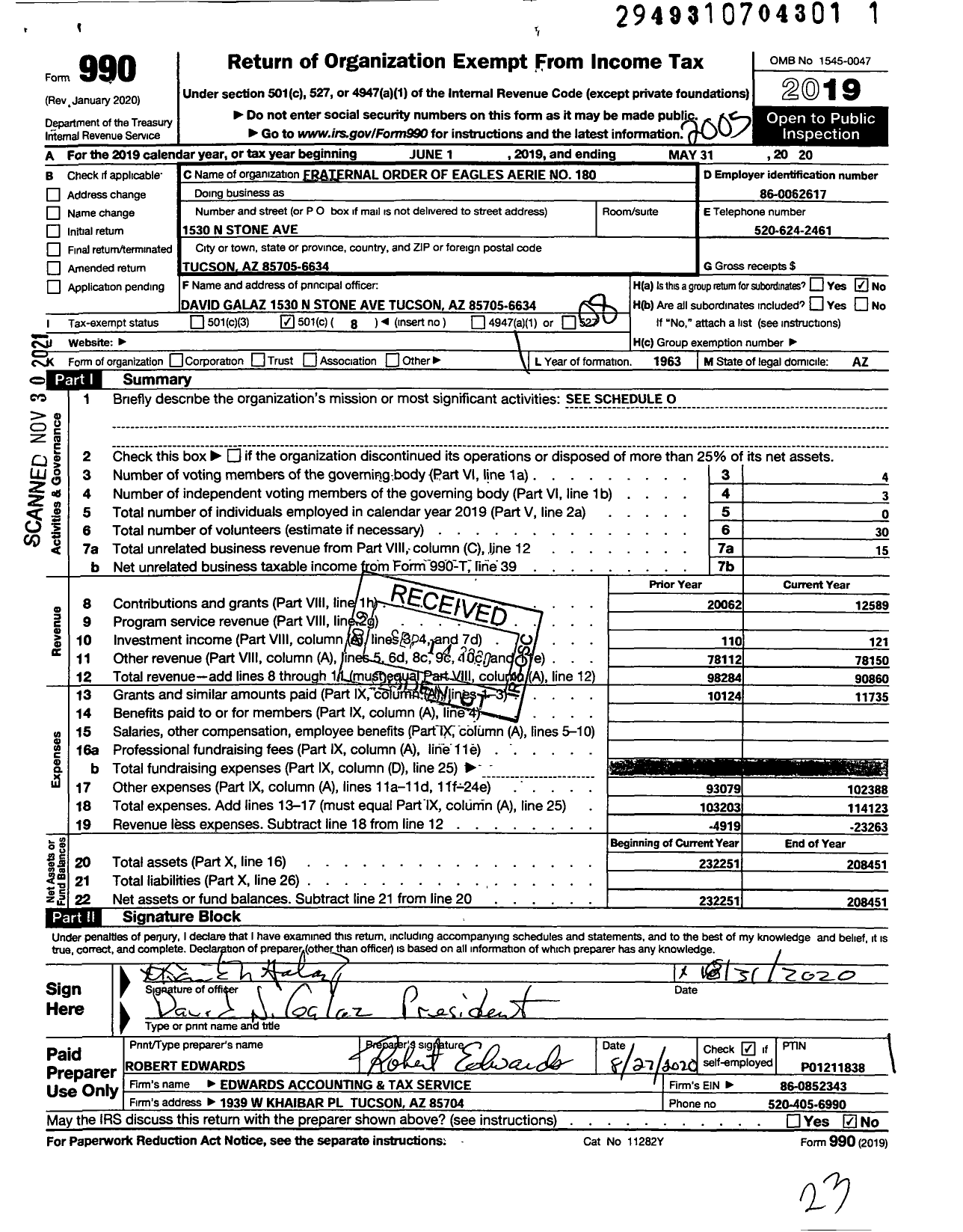 Image of first page of 2019 Form 990O for Fraternal Order of Eagles - 180 Aerie