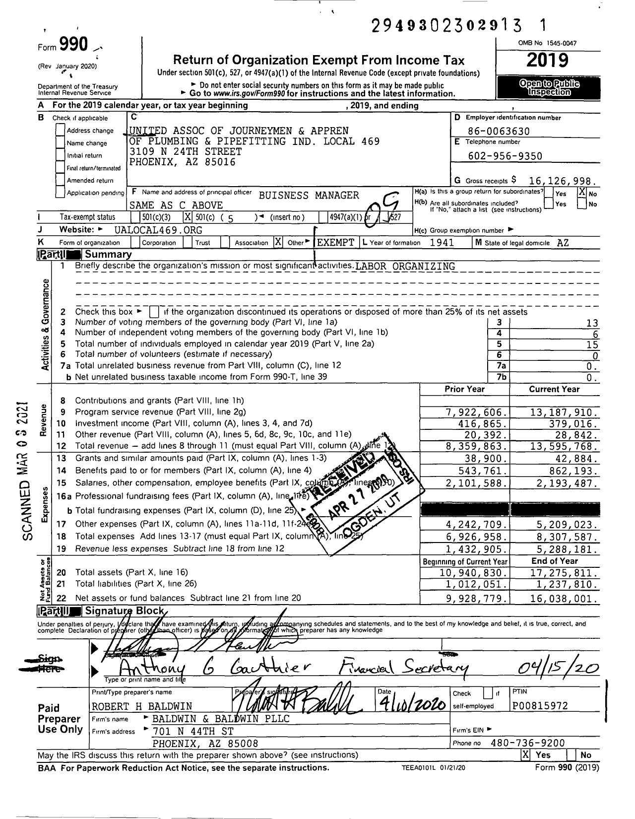 Image of first page of 2019 Form 990O for United Association - 469 PPF