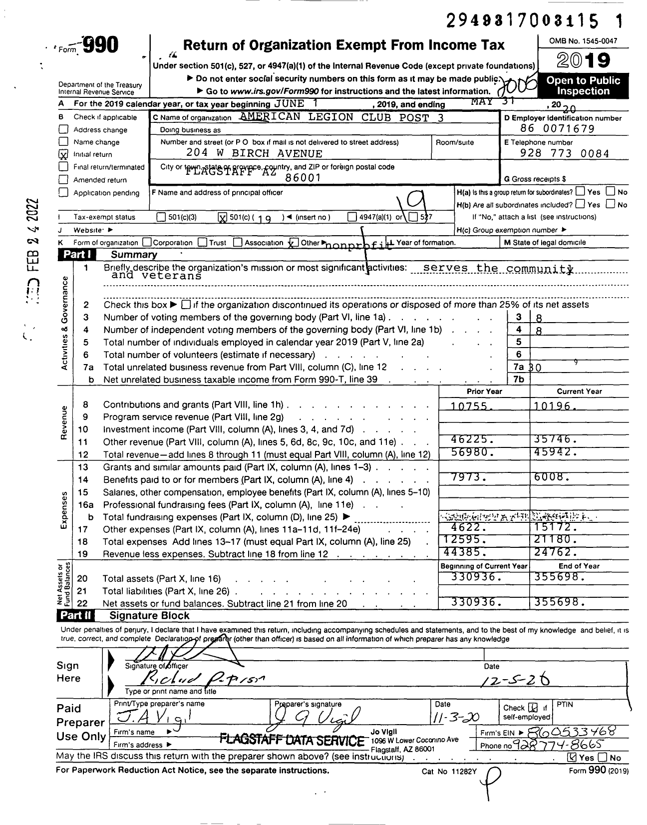 Image of first page of 2019 Form 990O for American Legion - 3 Mark A Moore