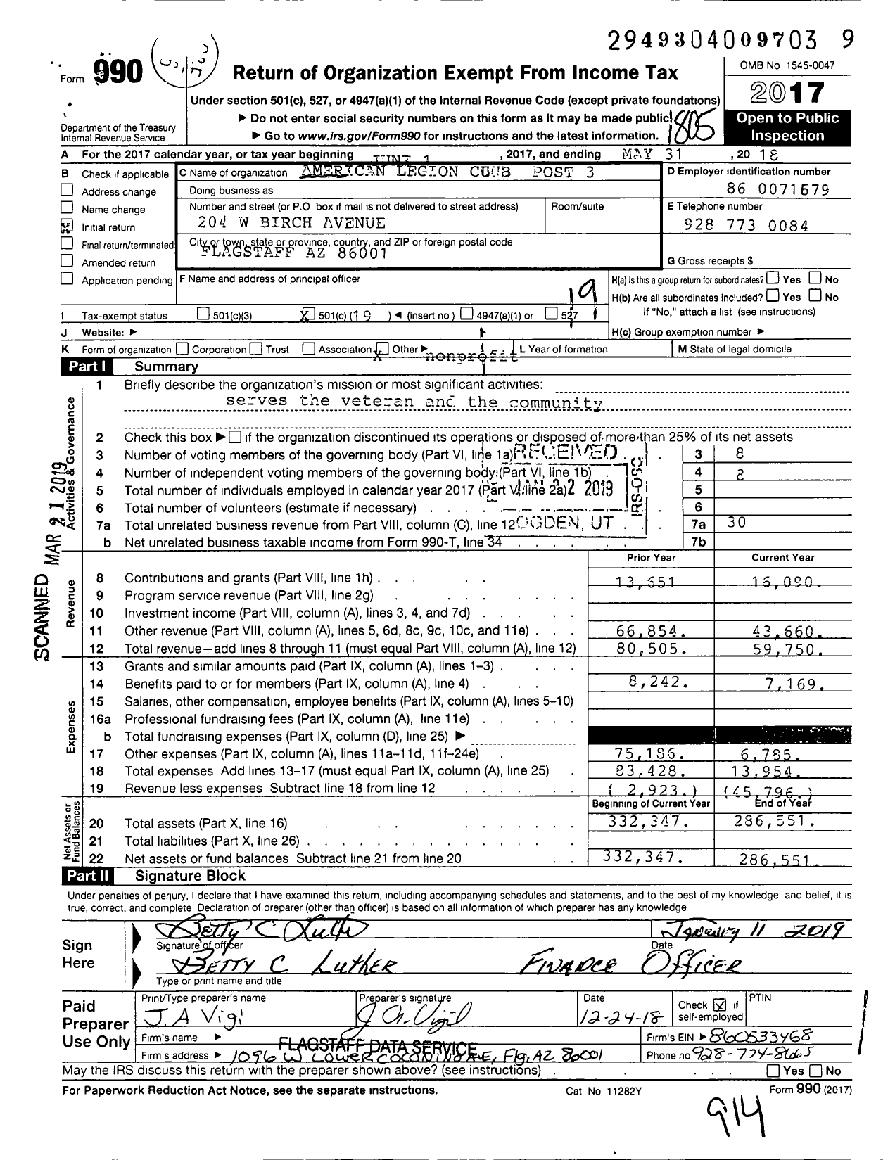 Image of first page of 2017 Form 990O for American Legion - 3 Mark A Moore