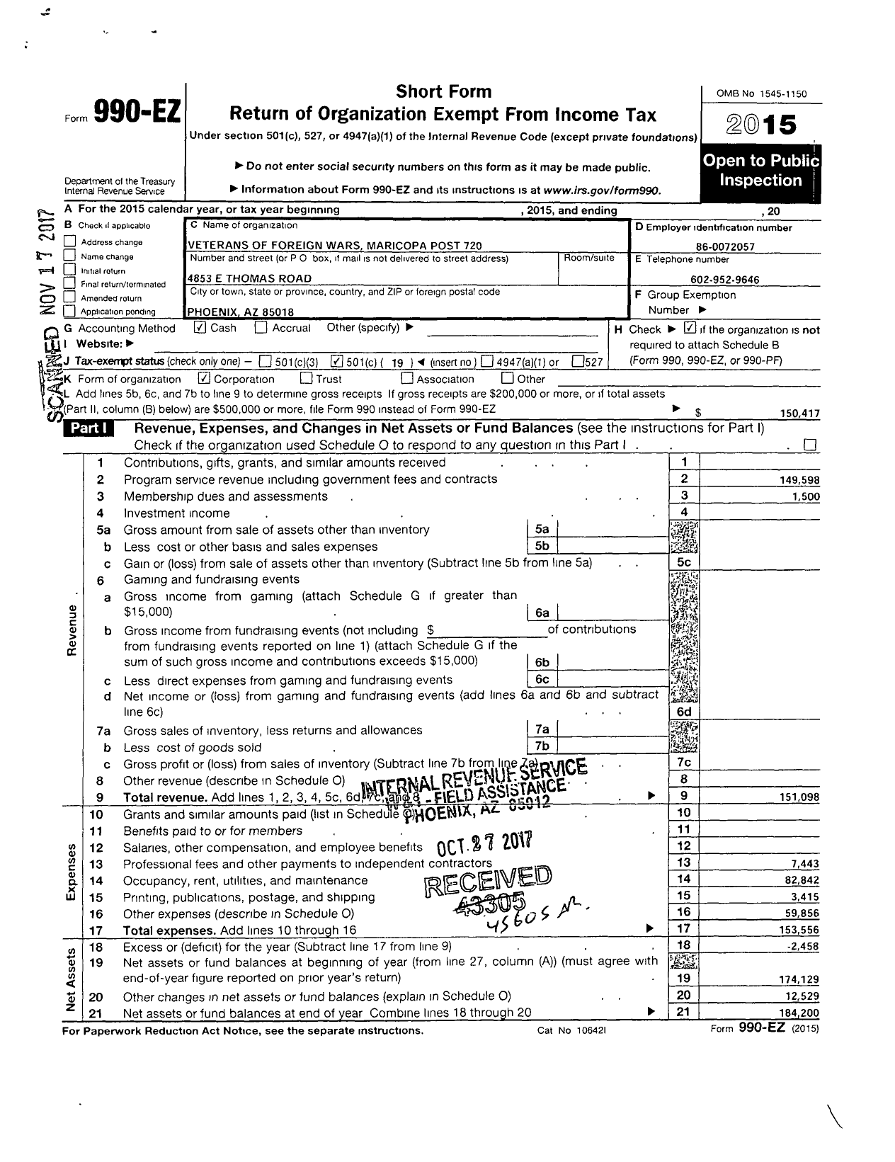 Image of first page of 2015 Form 990EO for Veterans of Foreign Wars of Arizona - 720 Maricopa Post