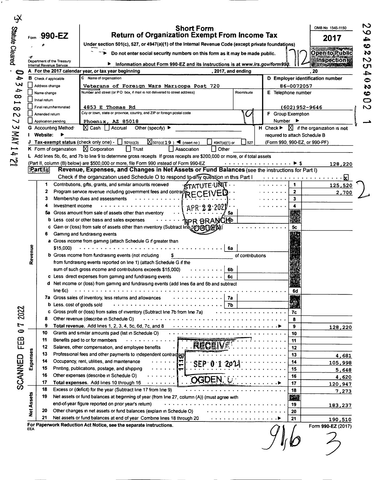 Image of first page of 2017 Form 990EO for Veterans of Foreign Wars of Arizona - 720 Maricopa Post