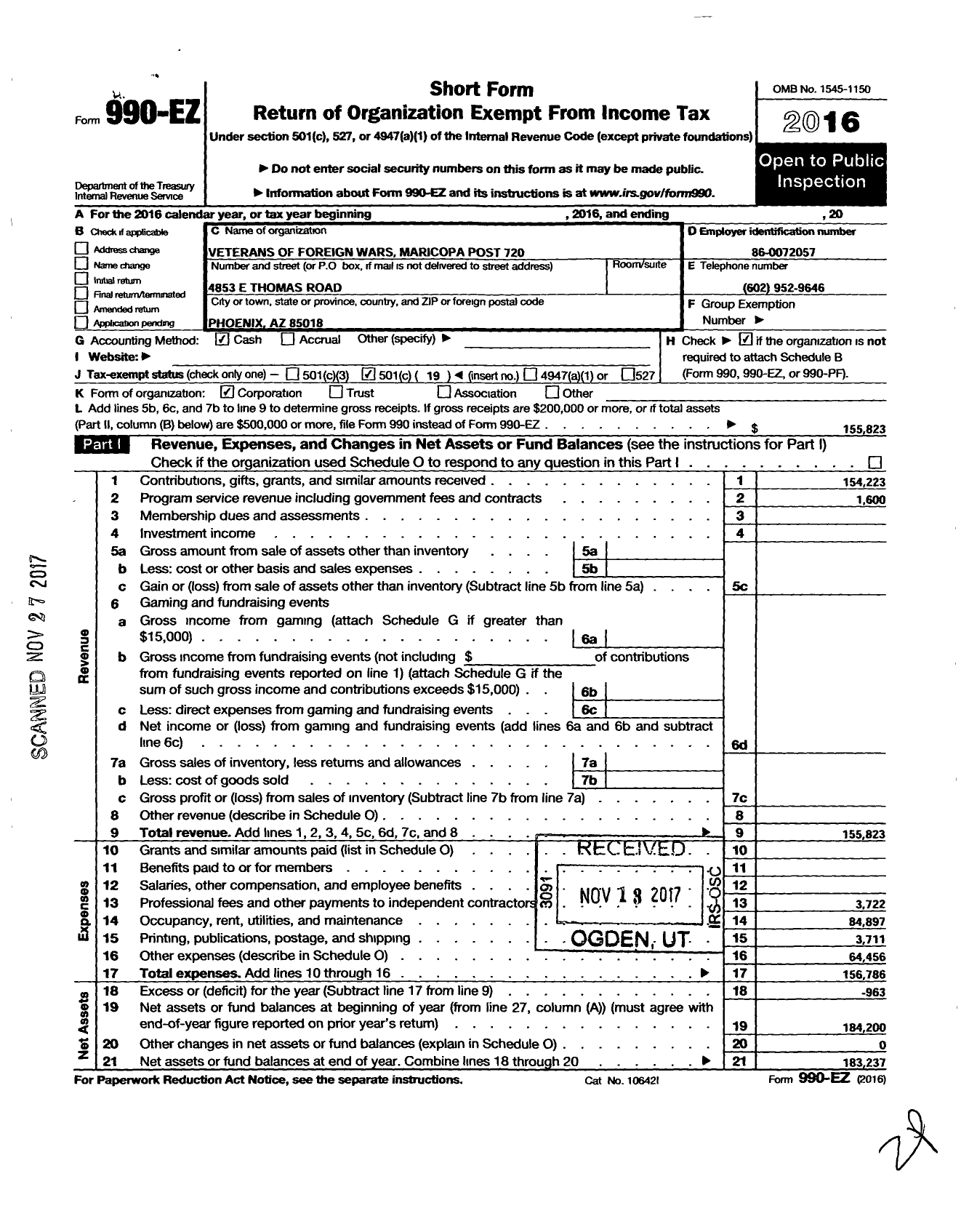 Image of first page of 2016 Form 990EO for Veterans of Foreign Wars of Arizona - 720 Maricopa Post