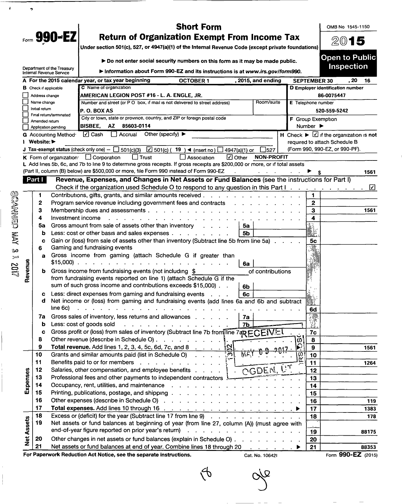 Image of first page of 2015 Form 990EO for American Legion - 0016 L A Engle JR