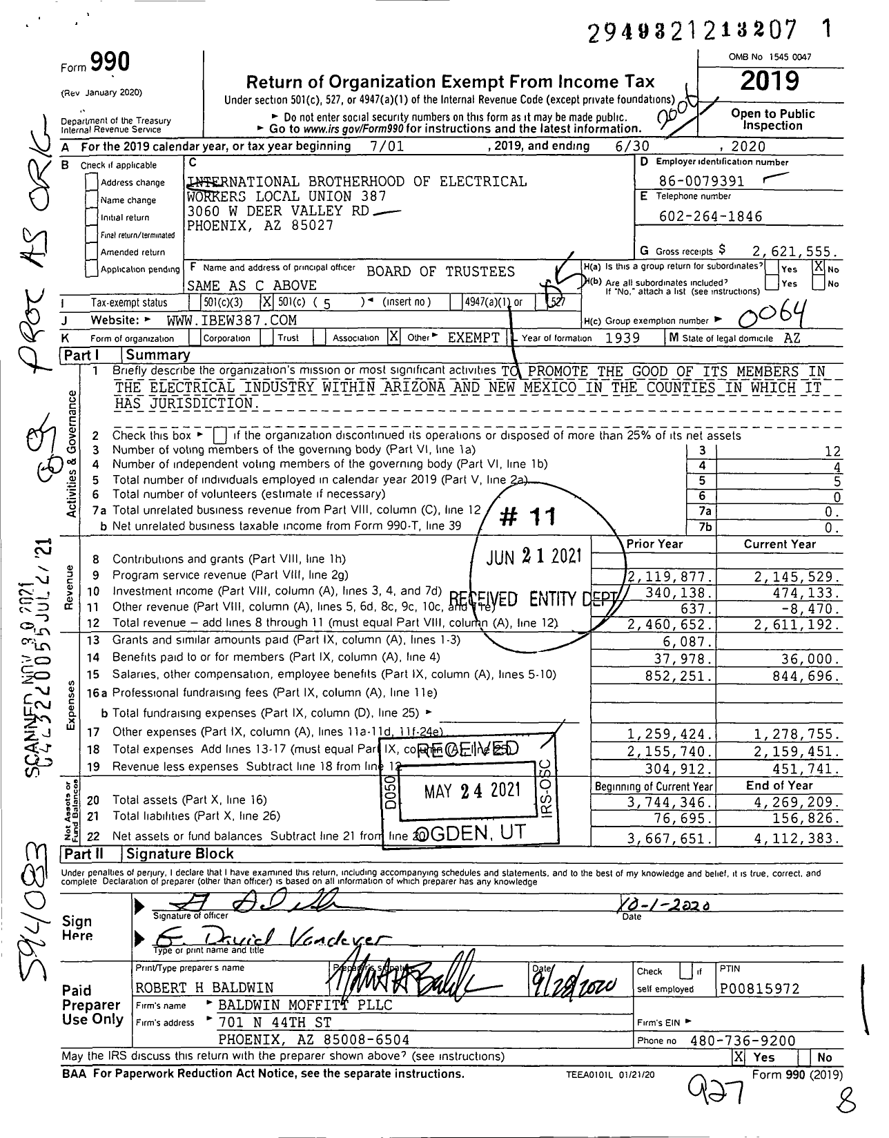 Image of first page of 2019 Form 990O for International Brotherhood of Electrical Workers - 0387 Local Union