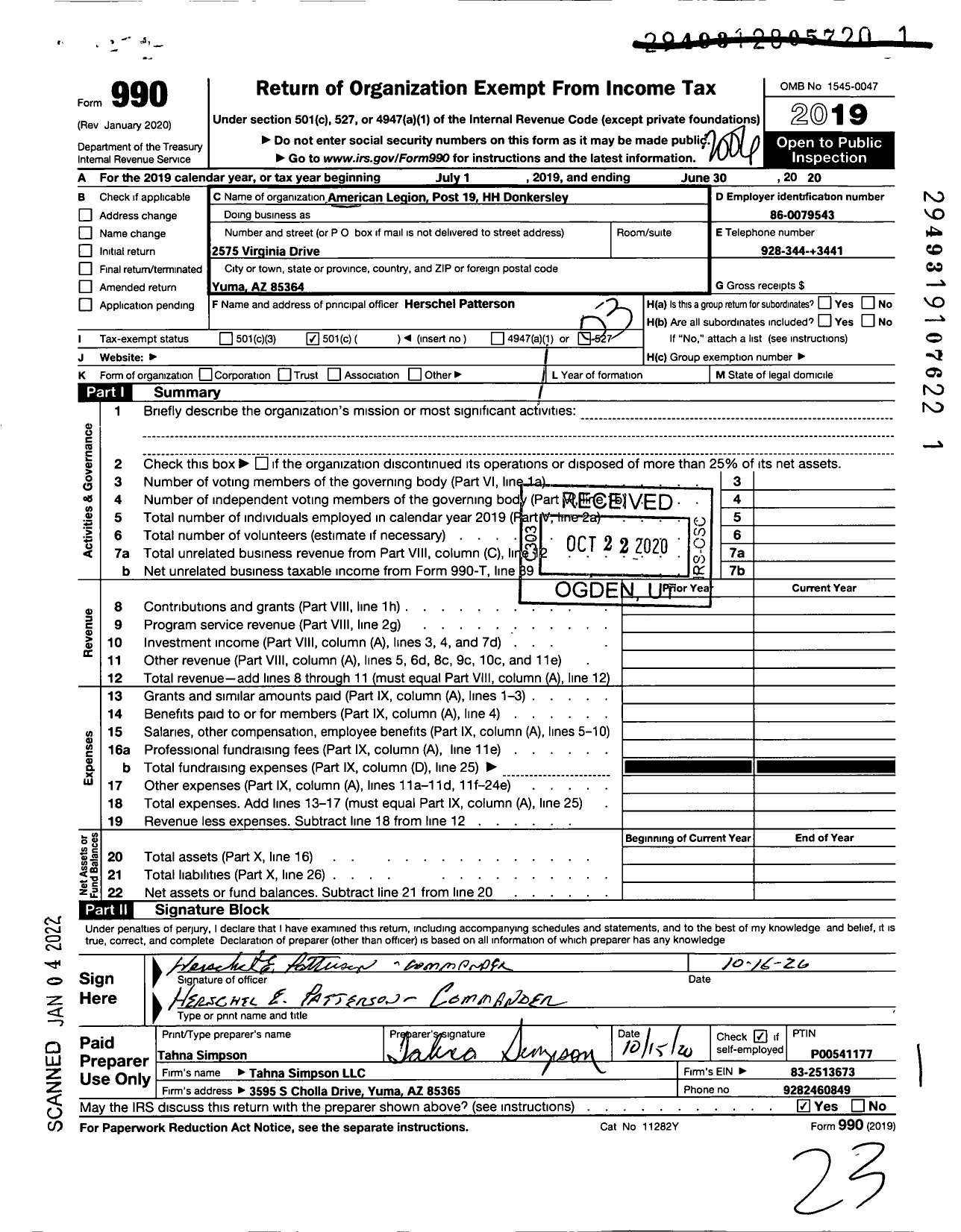 Image of first page of 2019 Form 990 for American Legion - 0019 H H Donkersley