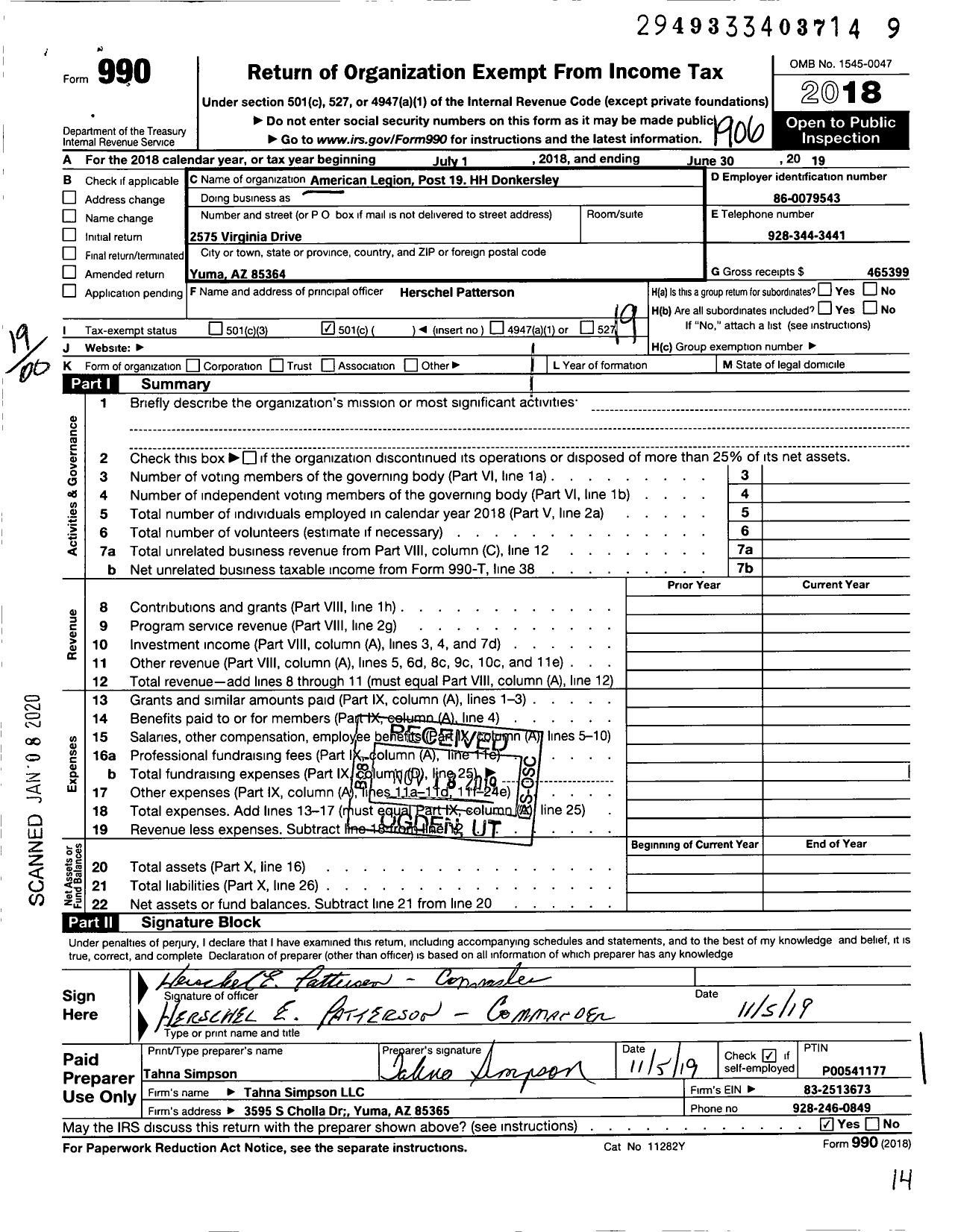 Image of first page of 2018 Form 990O for American Legion - 0019 H H Donkersley