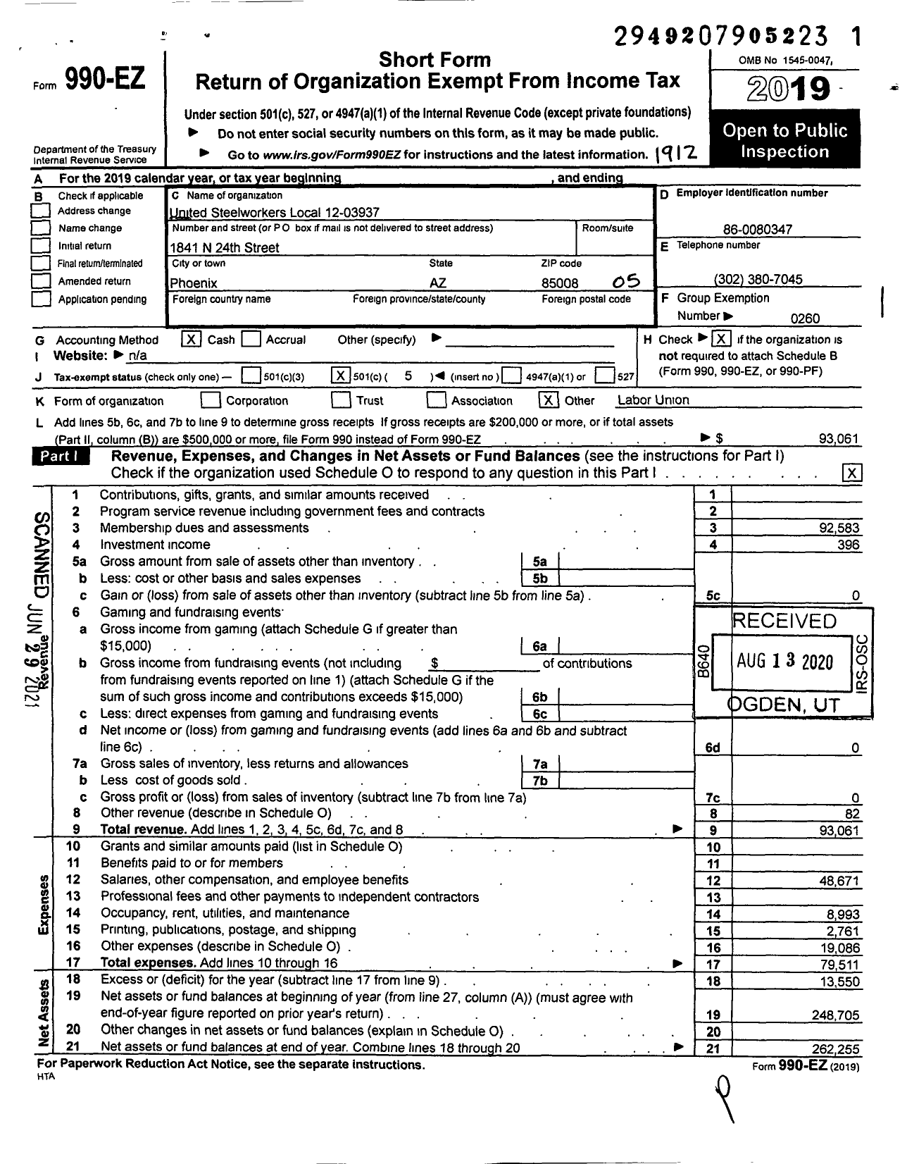 Image of first page of 2019 Form 990EO for United Steelworkers - 3937 Local