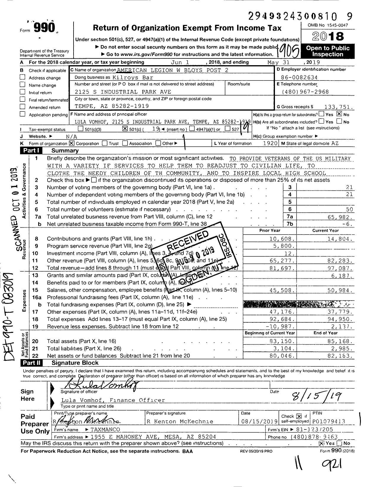 Image of first page of 2018 Form 990O for American Legion - Kilroys Bar