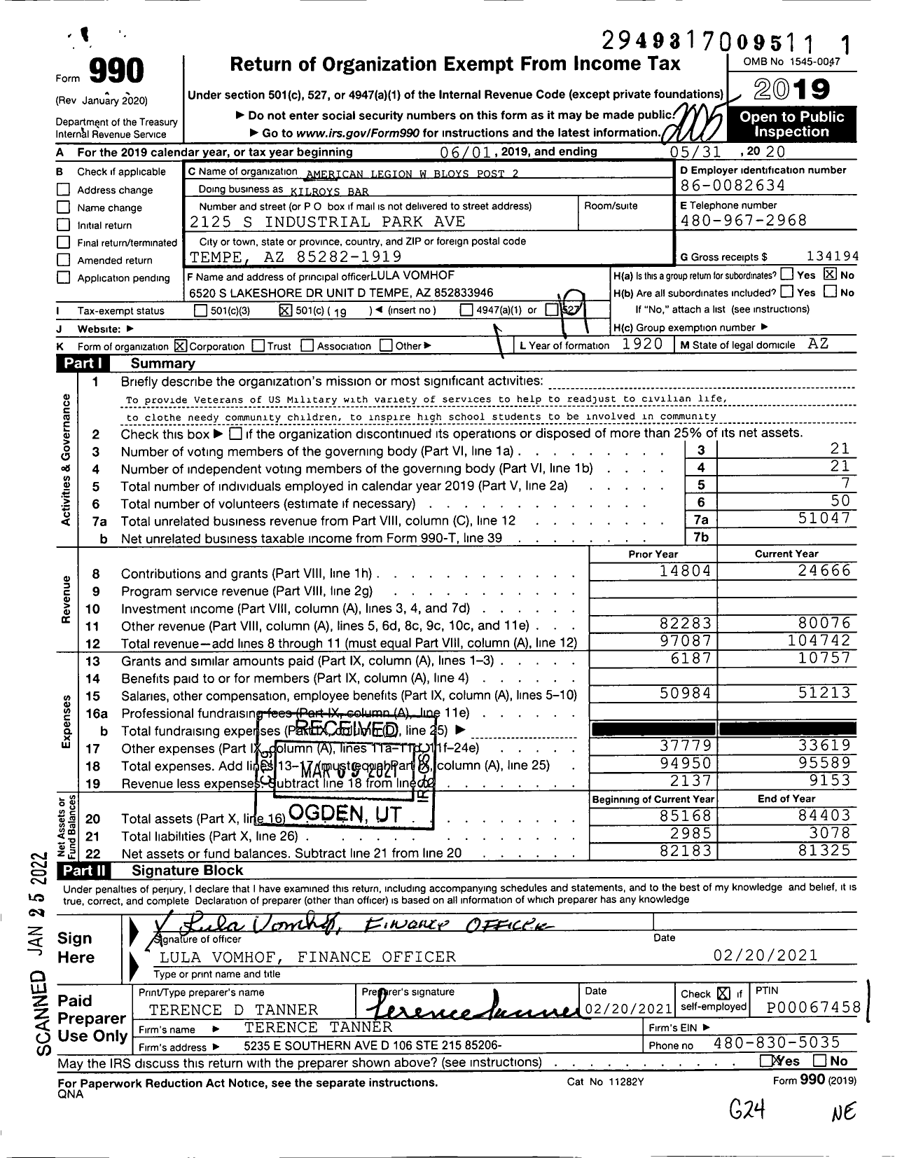 Image of first page of 2019 Form 990O for American Legion - Kilroys Bar