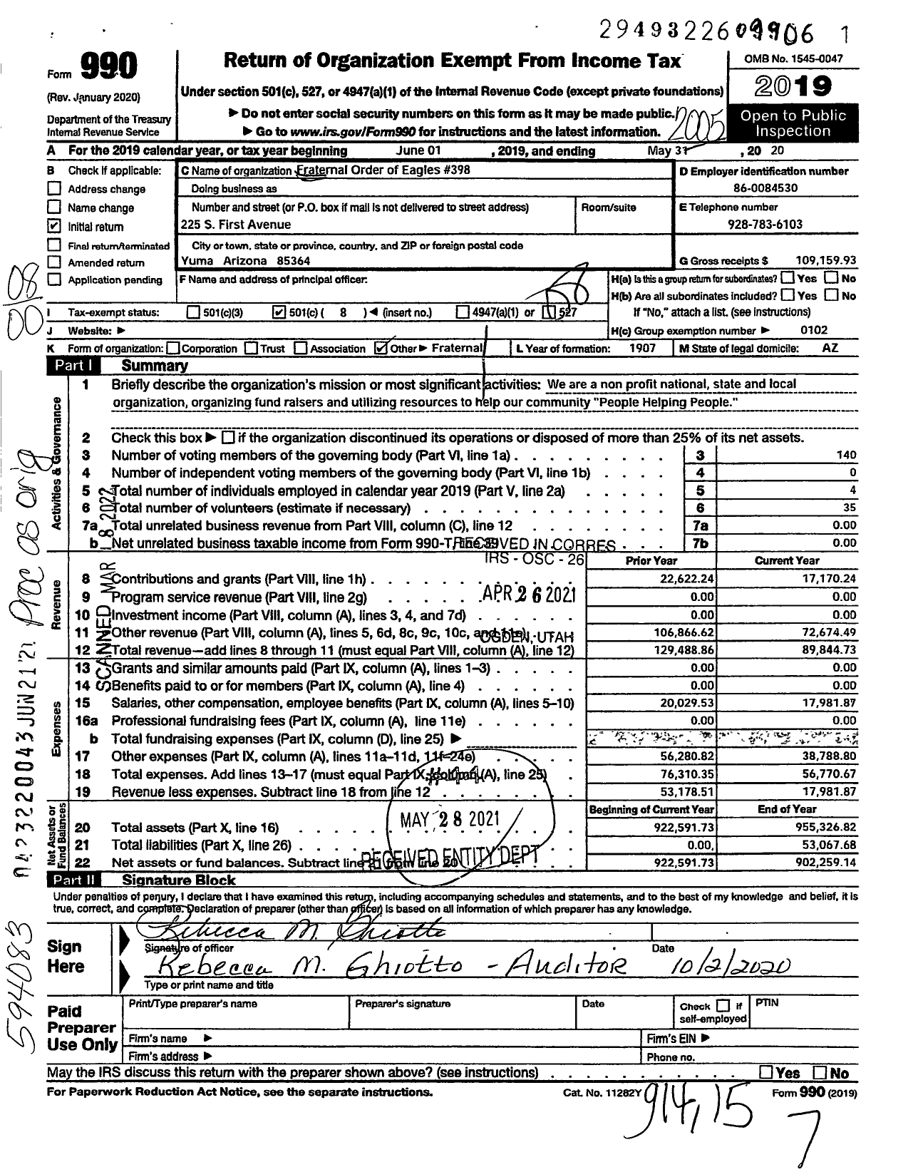 Image of first page of 2019 Form 990O for Fraternal Order of Eagles - 398 Aerie