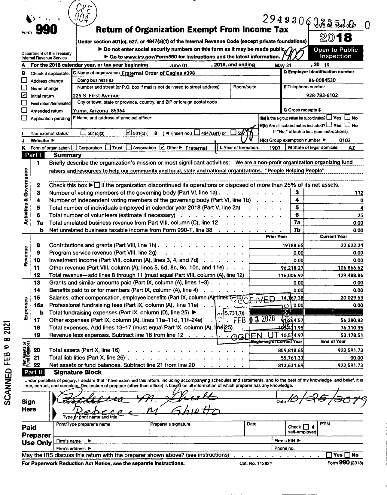 Image of first page of 2018 Form 990O for Fraternal Order of Eagles - 398 Aerie