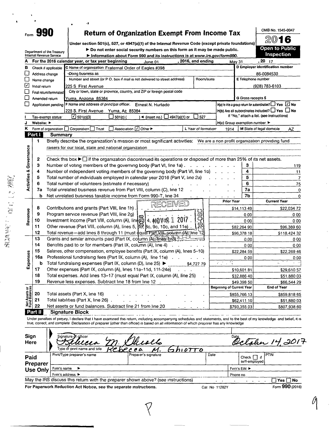 Image of first page of 2016 Form 990 for Fraternal Order of Eagles - 398 Aerie