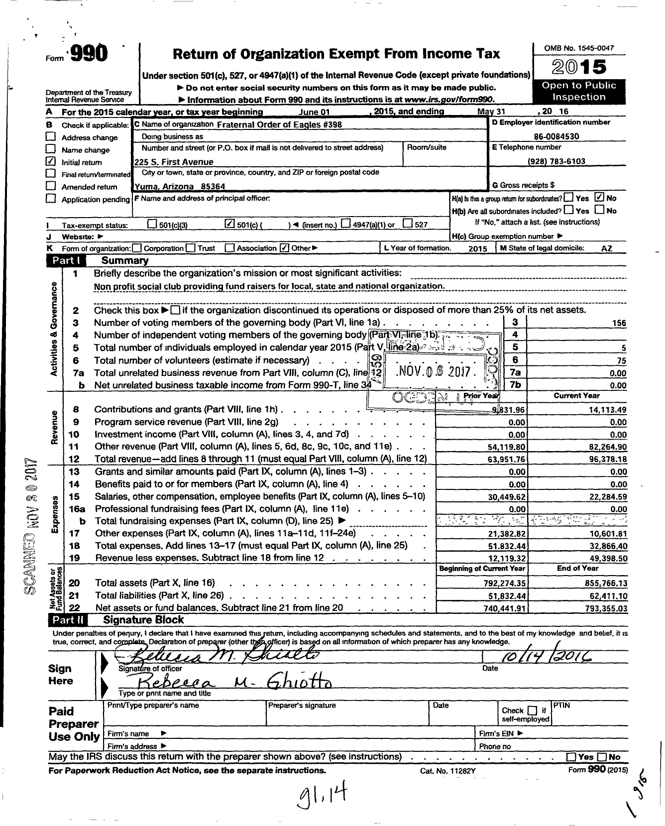 Image of first page of 2015 Form 990O for Fraternal Order of Eagles - 398 Aerie