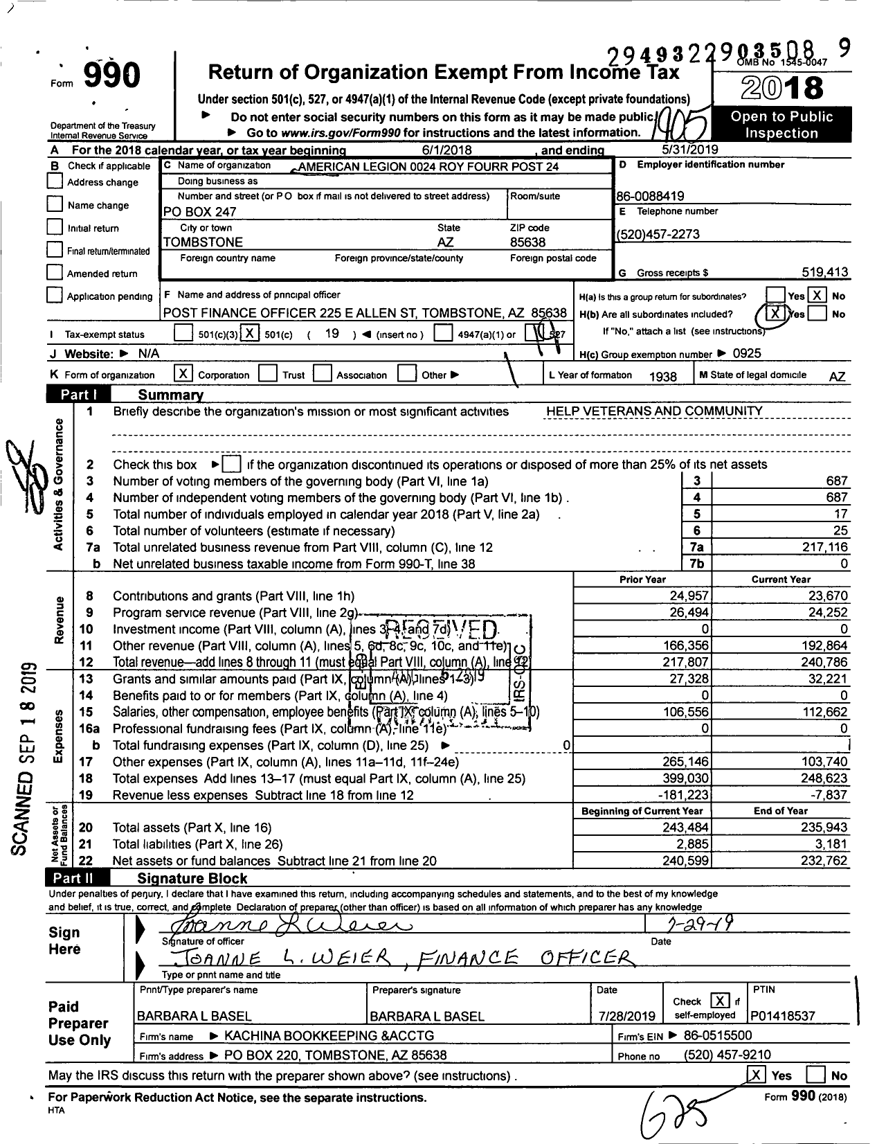 Image of first page of 2018 Form 990O for American Legion - 0024 Roy Fourr Post