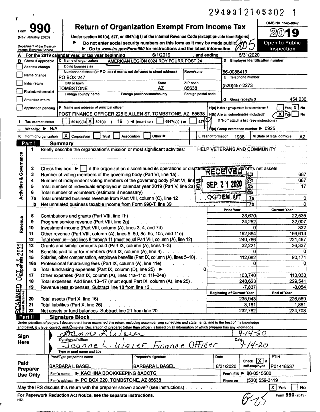 Image of first page of 2019 Form 990O for American Legion - 0024 Roy Fourr Post