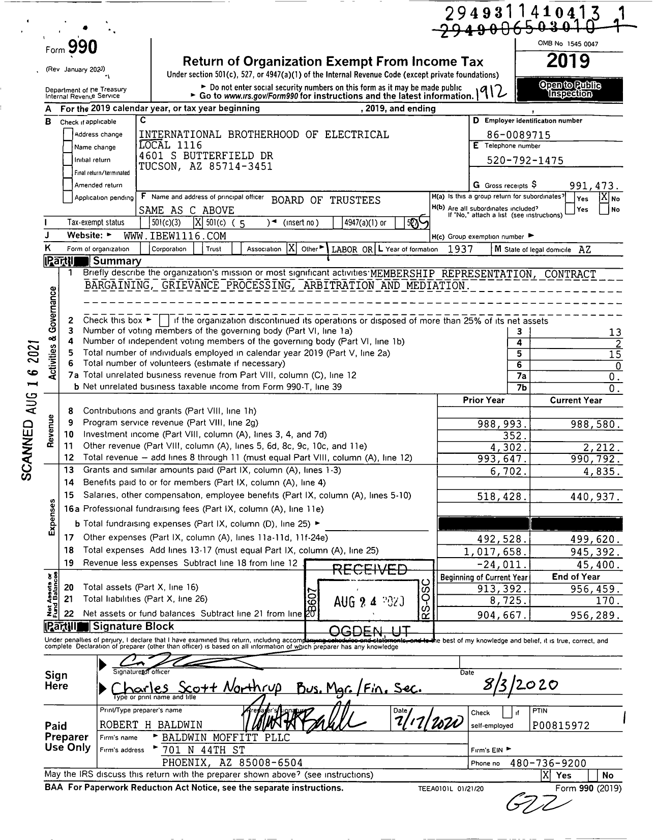 Image of first page of 2019 Form 990O for International Brotherhood of Electrical Workers - IBEW No 1116