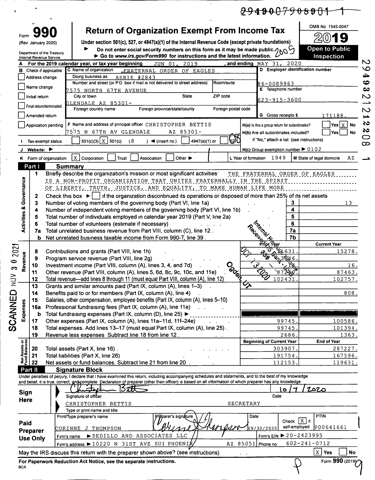 Image of first page of 2019 Form 990O for Fraternal Order of Eagles 2843