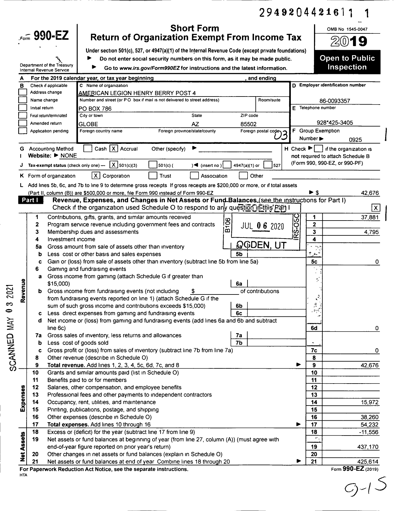 Image of first page of 2019 Form 990EZ for American Legion - 4 Henry Berry Az Post