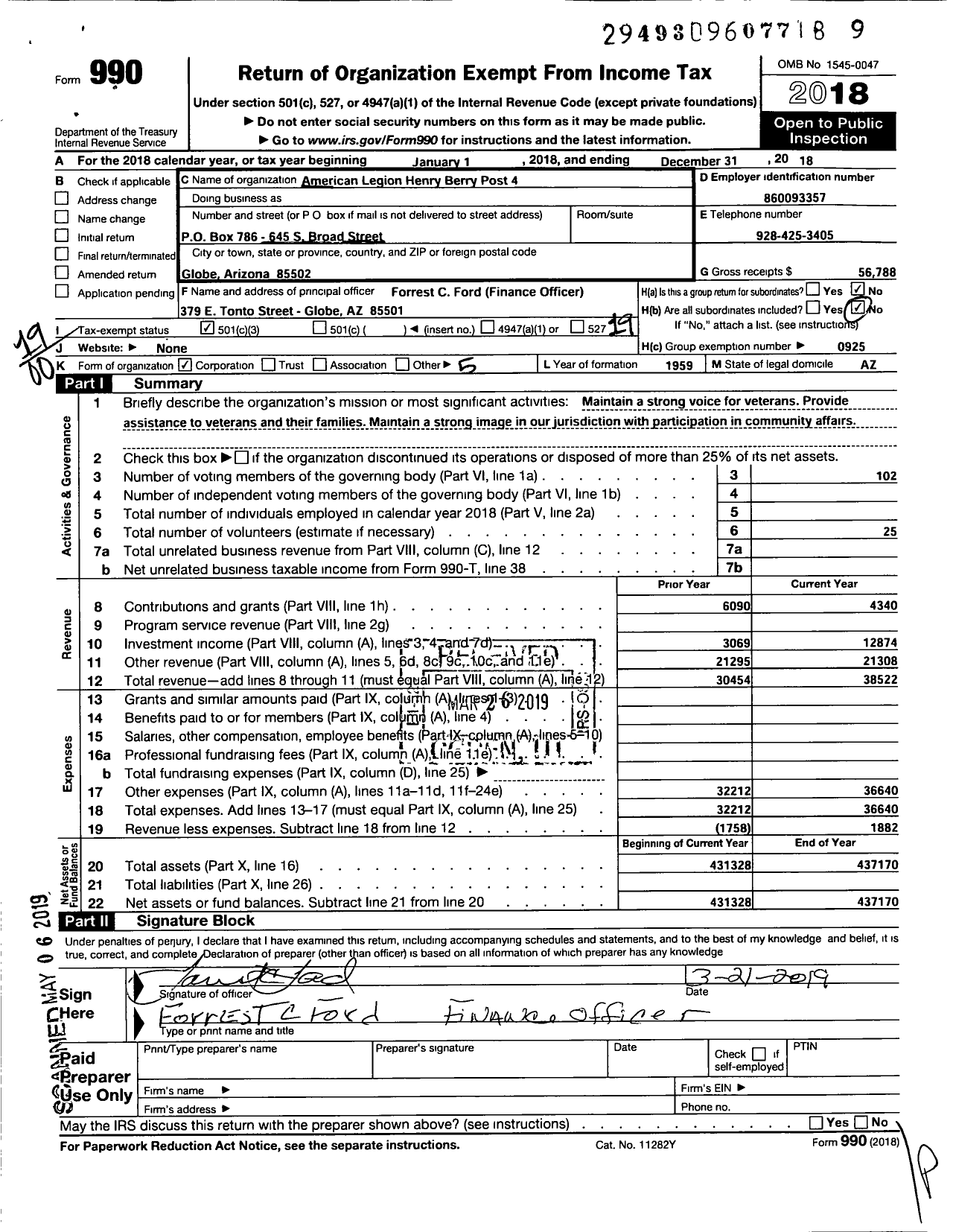 Image of first page of 2018 Form 990O for American Legion - 4 Henry Berry Az Post